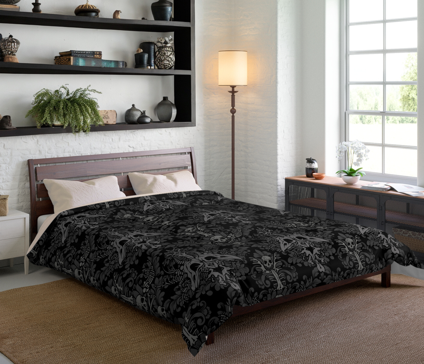 Dark Damask Bones Gothic Victorian Duvet Cover - Black - Red Finch Creations