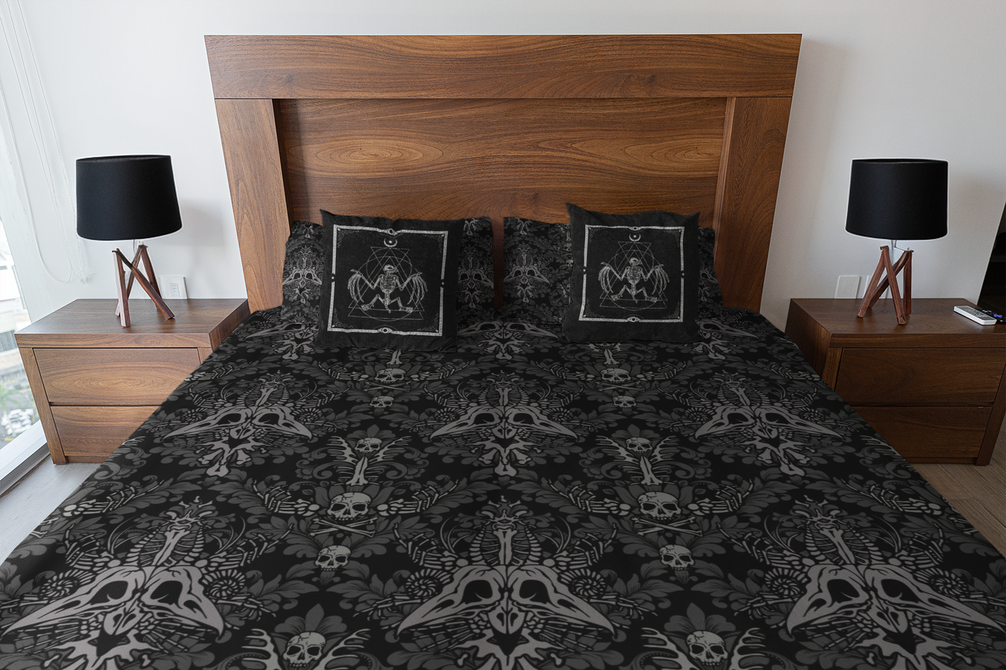 Dark Damask Bones Gothic Victorian Duvet Cover - Black - Red Finch Creations