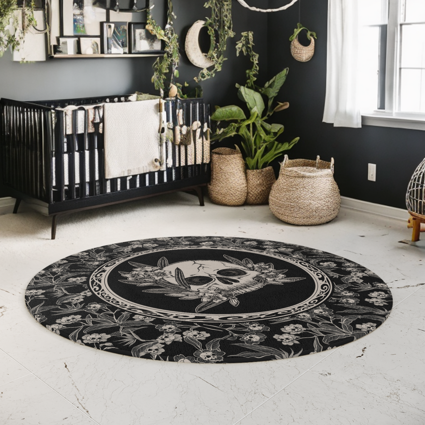 Gothic Floral Skull Flower Round Rug - Red Finch Creations