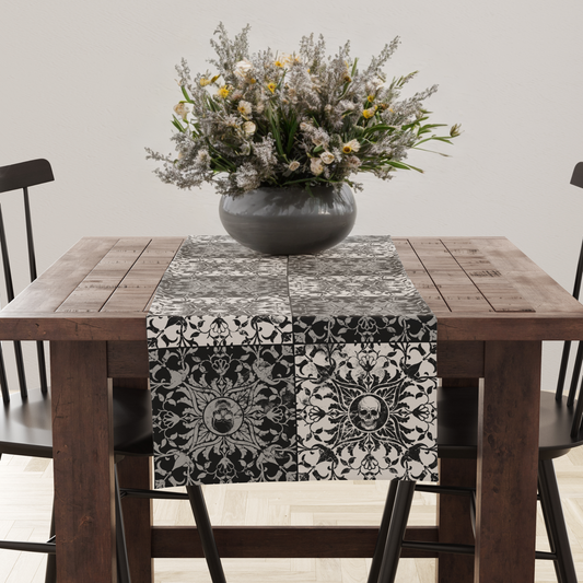 Gothic Checkered Tile Table Runner - Black & White
