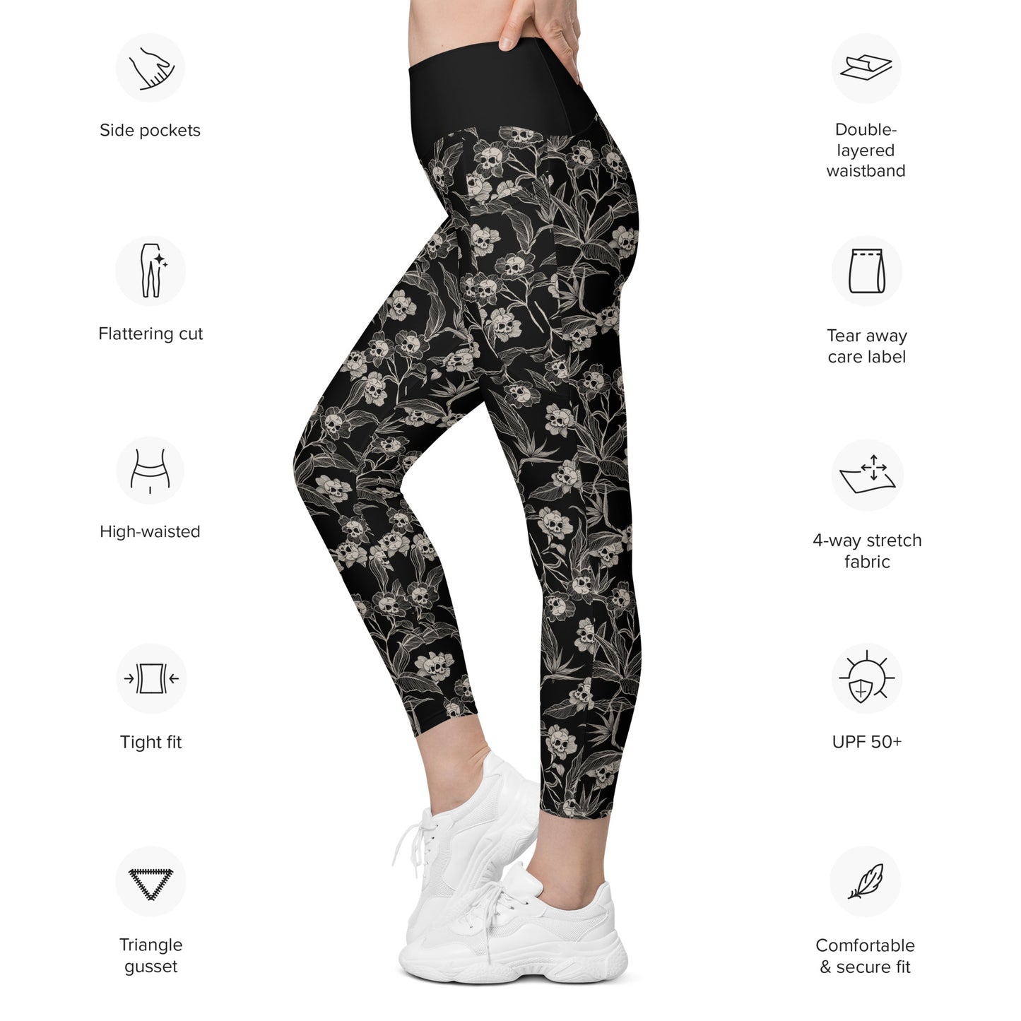 Gothic Floral Skull Flower Leggings w/ Pockets - Red Finch Creations