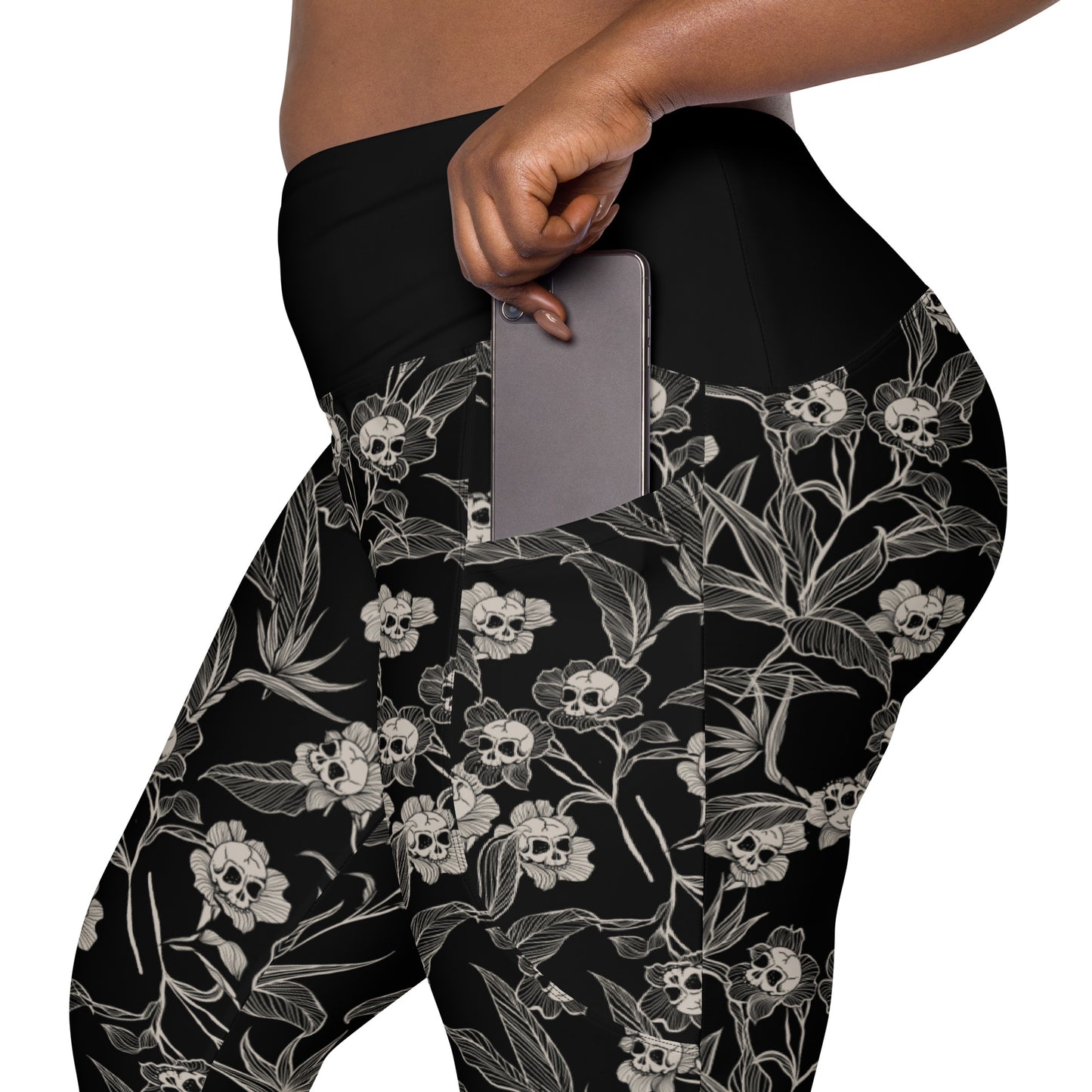 Gothic Floral Skull Flower Leggings w/ Pockets - Red Finch Creations