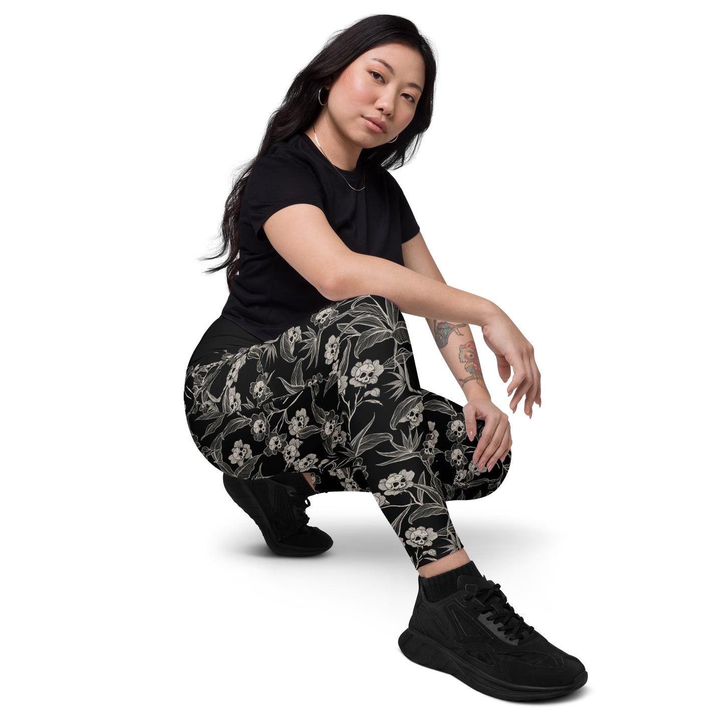 Gothic Floral Skull Flower Leggings w/ Pockets - Red Finch Creations