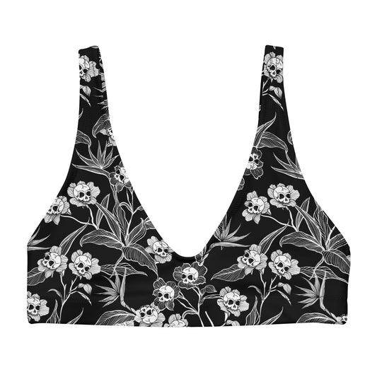 Gothic Floral Recycled Padded Bikini Top - Black + White