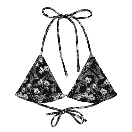 Gothic Floral Recycled String Bikini Top - Black + White