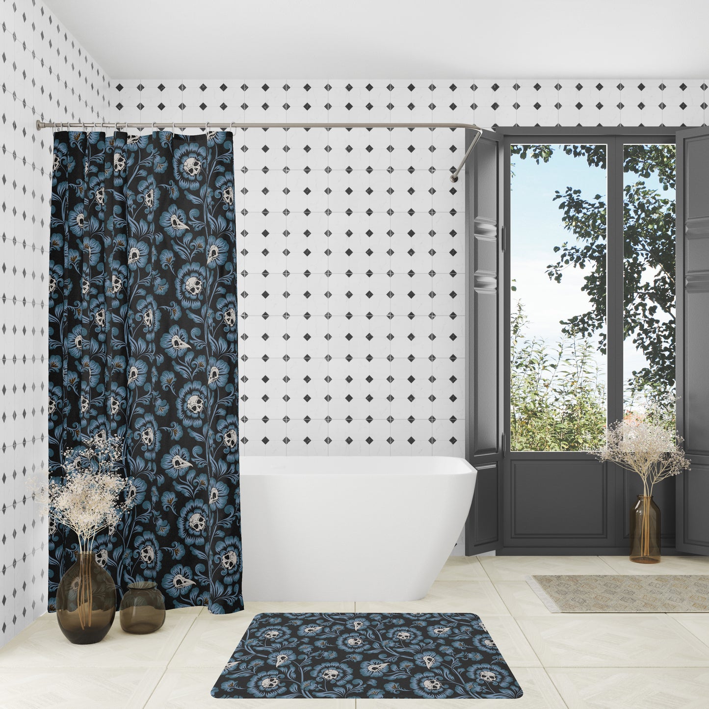 Victorian Skull Bath Mat - Blue - Red Finch Creations