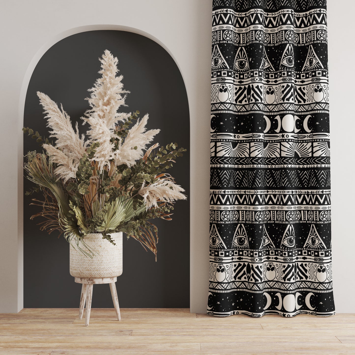 Black and White Boho Goth Striped Window Curtain and bedding in living room