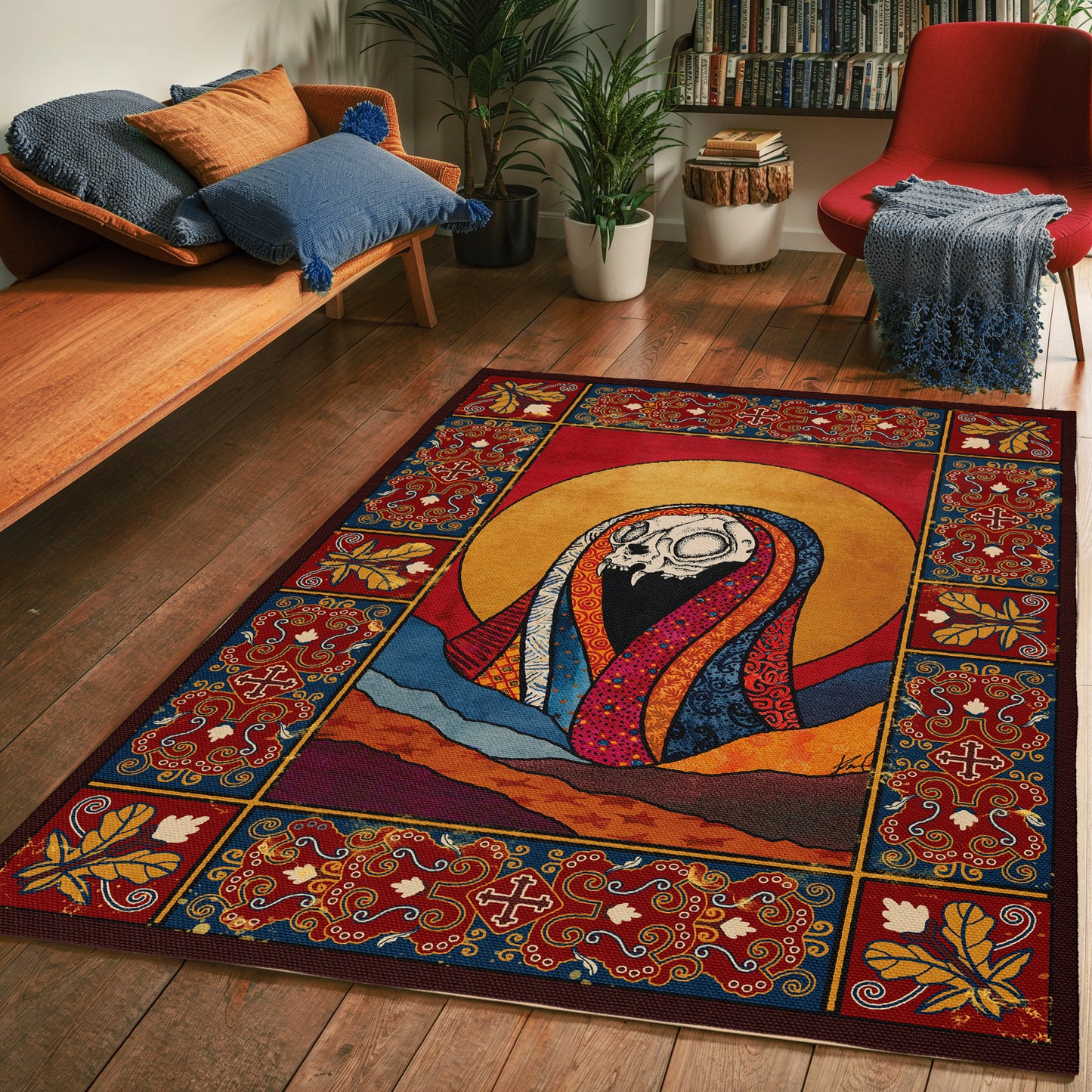 Baroque Cat Skull Area Rug inside living room