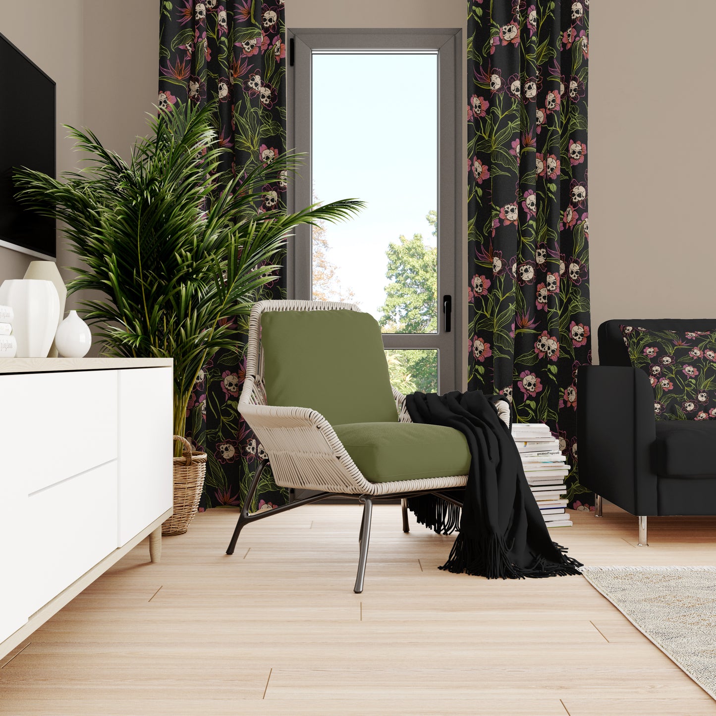 colorful gothic floral skull flower window curtains in a cottagecore oom with spooky tiki vibes