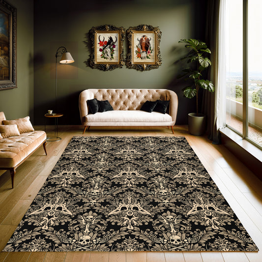 Darkly beautiful gothic skull low-pile indoor/outdoor area rug featuring a macabre baroque Victorian pattern for dark academia home decor vibes.  in a maximalist sitting room with a velvet couch, olive green walls, and floral skull botanical paintings in golden baroque frames. 