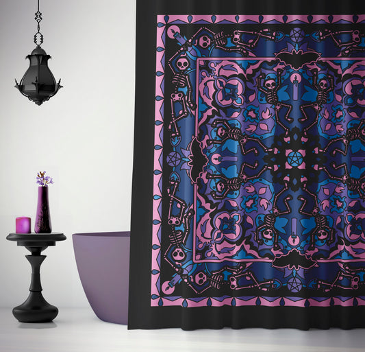 an elegant gothic bathroom with purple pink and black hues featuring A beautifully macabre gothic shower curtain featuring a cute and spooky dancing sugar skull pattern in bright pastel pink, vaporwave purple, blue, and black. 