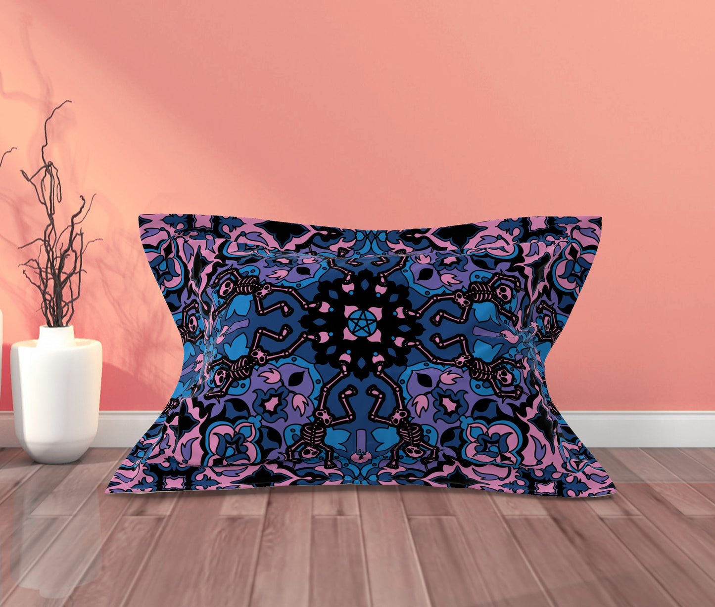 Dancing Skeleton Microfiber Pillow Sham - Pink & Black - Red Finch Creations