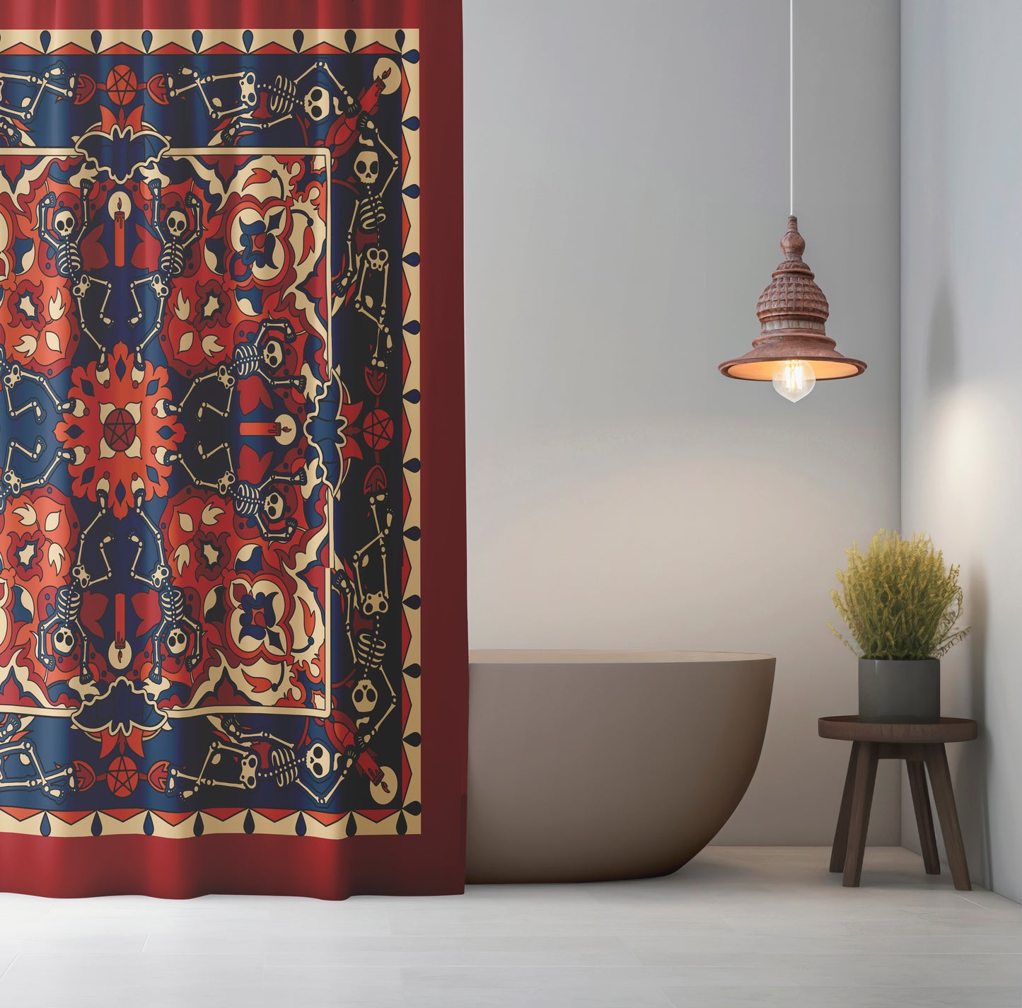 Dancing Skeleton Shower Curtain - Rust Red & Midnight Blue - Red Finch Creations