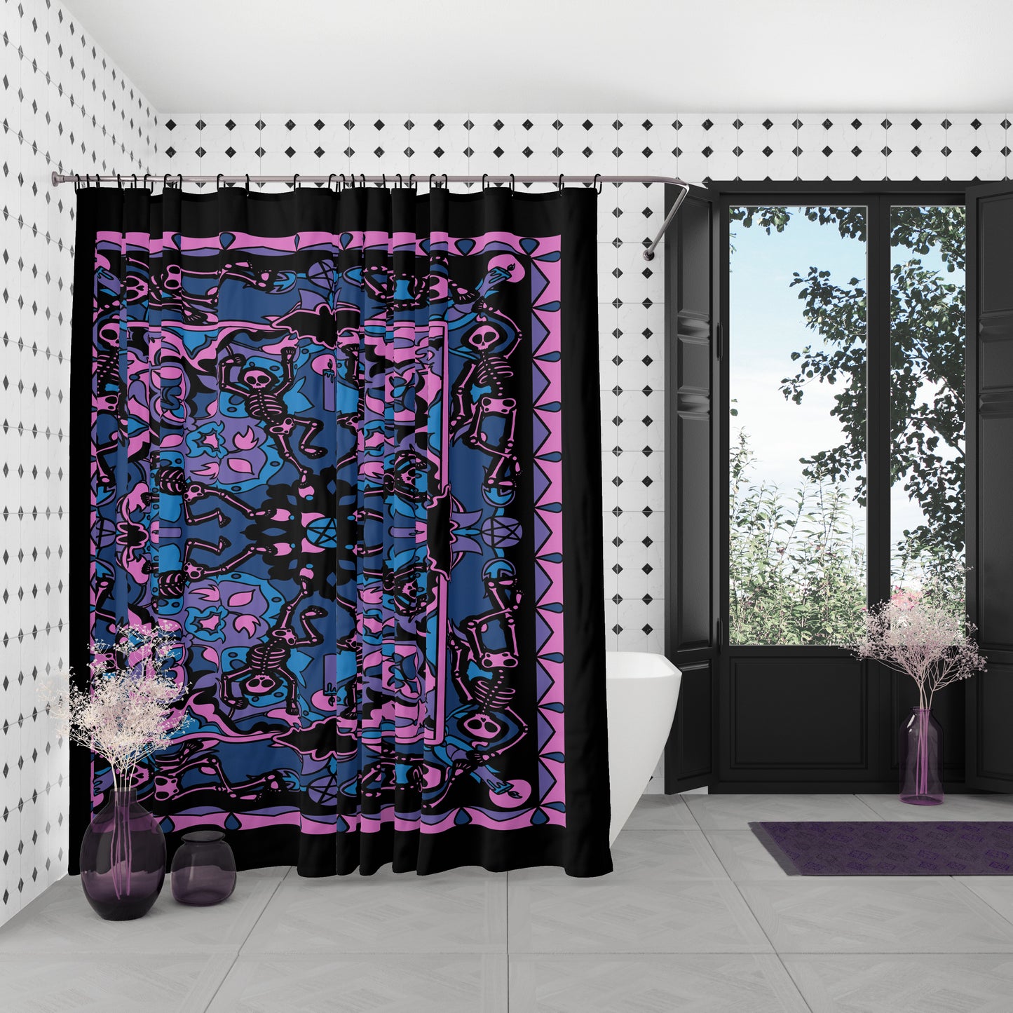 Dancing Skeleton Shower Curtain - Pink & Black - Red Finch Creations