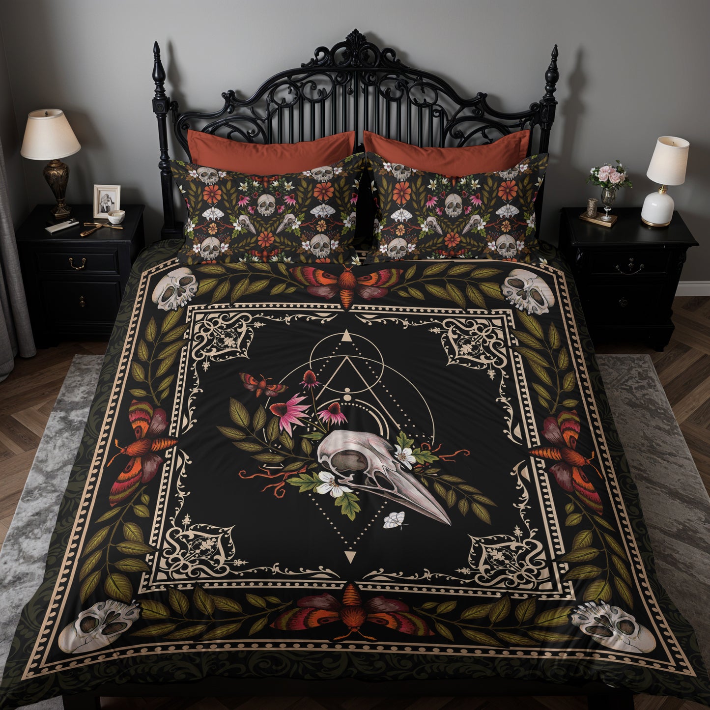 Occult Baroque Duvet Cover with skull on a double bed