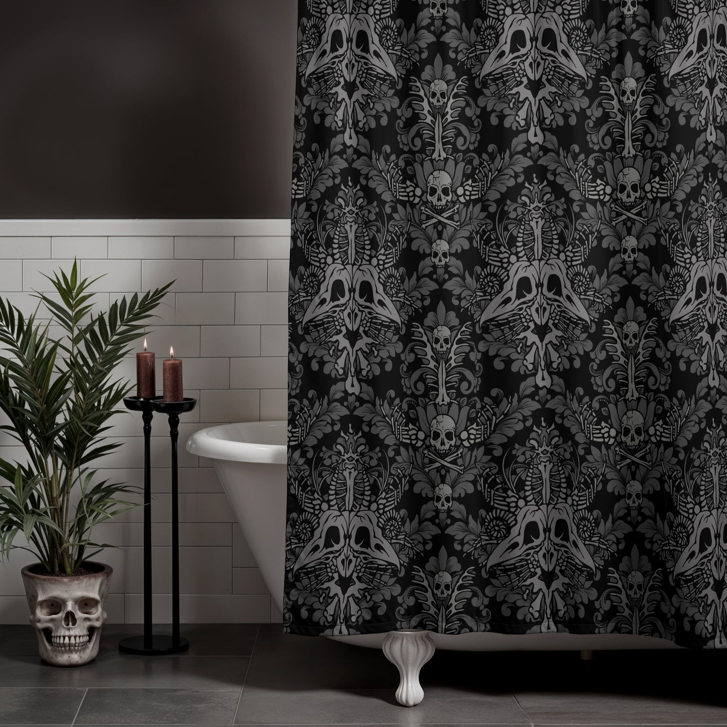 Dark Damask Bones Shower Curtain - Black - Red Finch Creations