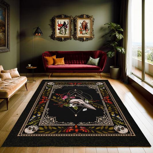 an elegant macabre dark cottagecore area rug featuring skulls and flowers in black, green, and rust red in a maximalist living room with baroque framed artwork, a vintage red victorian velvet couch, and olive green walls