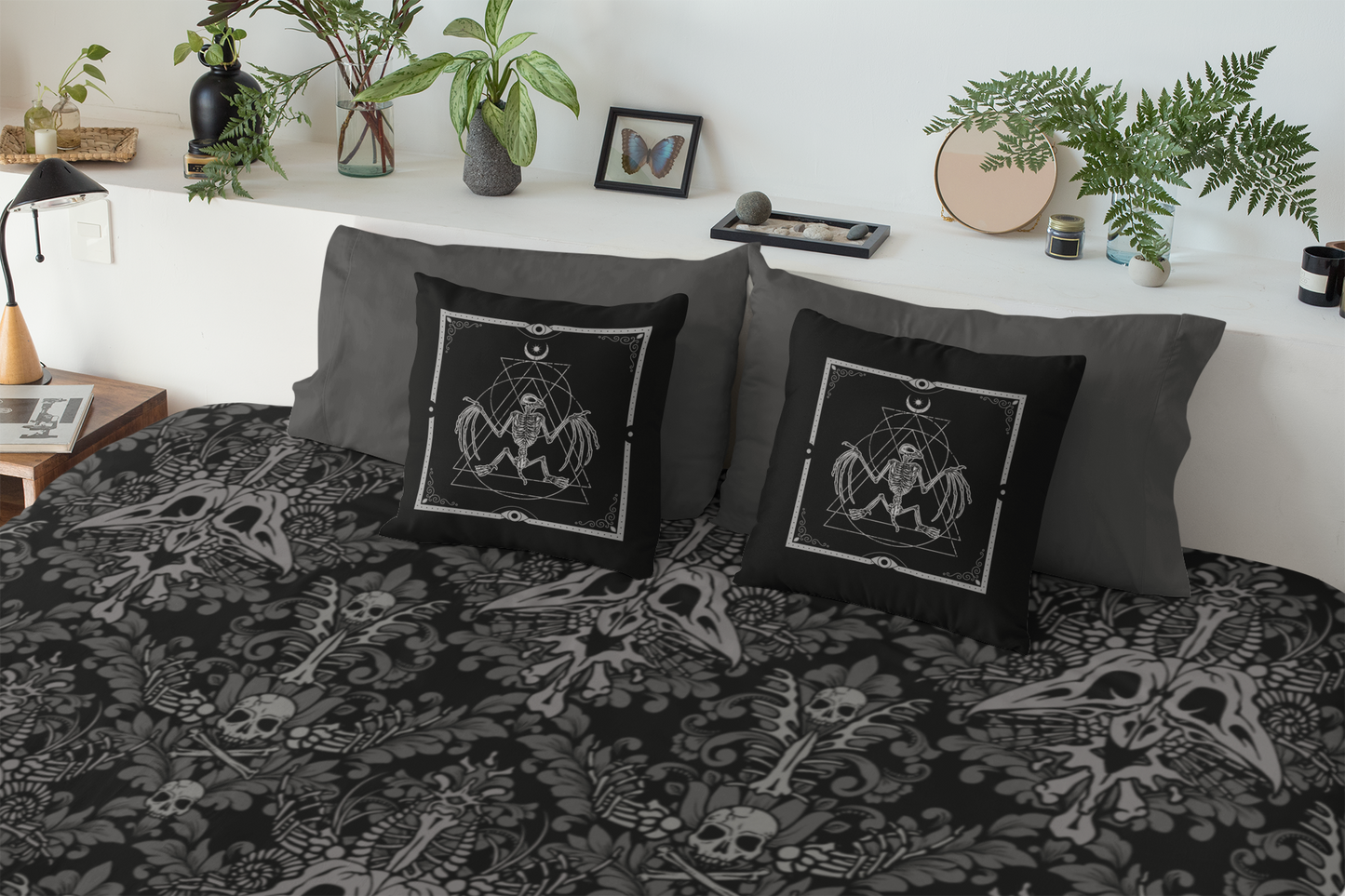 Dark Damask Bones Gothic Victorian Duvet Cover - Black - Red Finch Creations