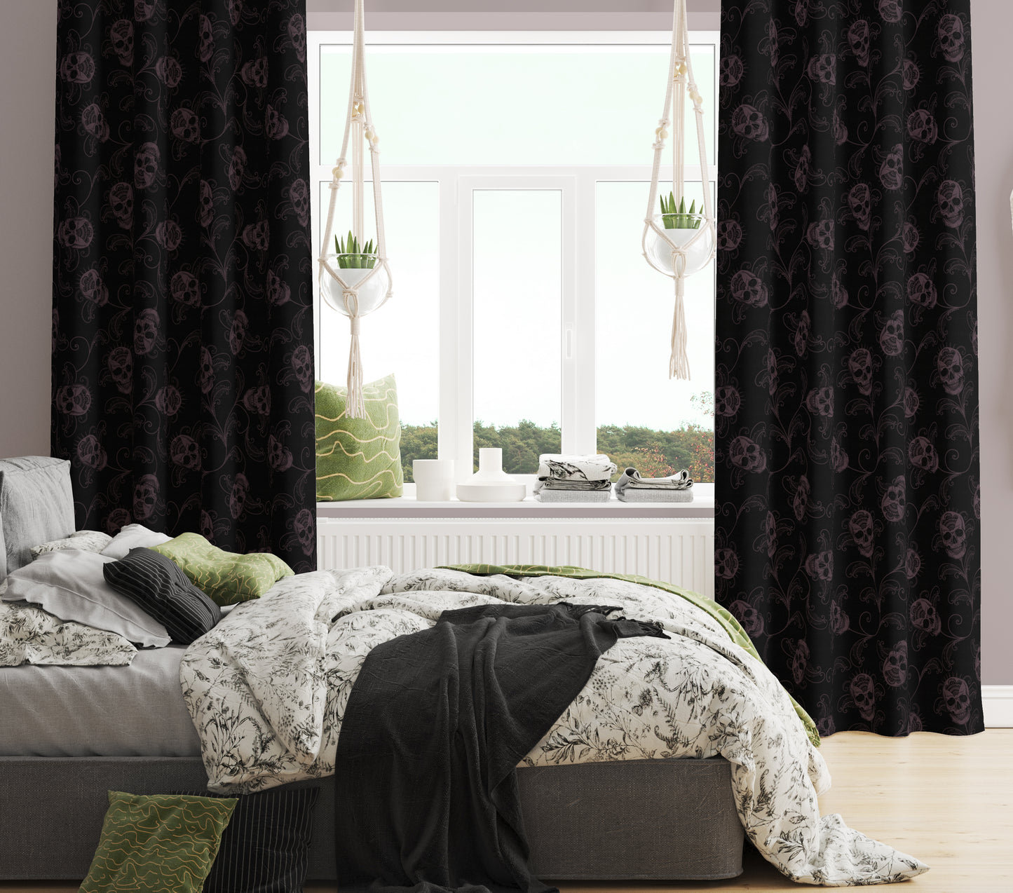 dark academia skull and vine curtain in black and eggplant purple in a gothic boho bedroom