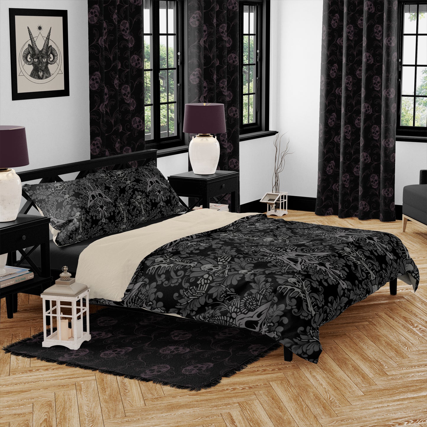 dark academia skull and vine curtain in black and eggplant purple in a moody gothic bedroom
