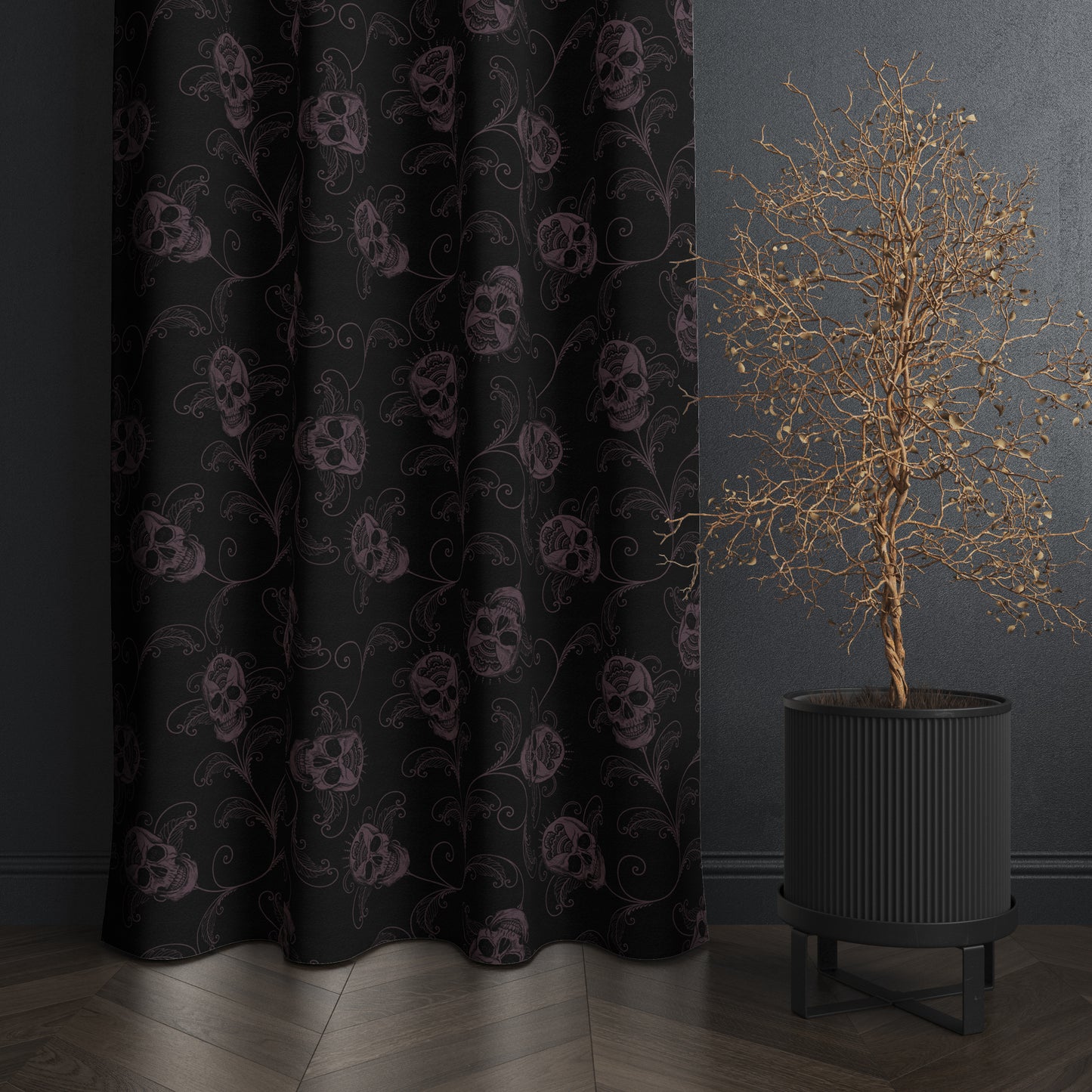 dark academia skull and vine curtain in black and eggplant purple next to a witchy plant