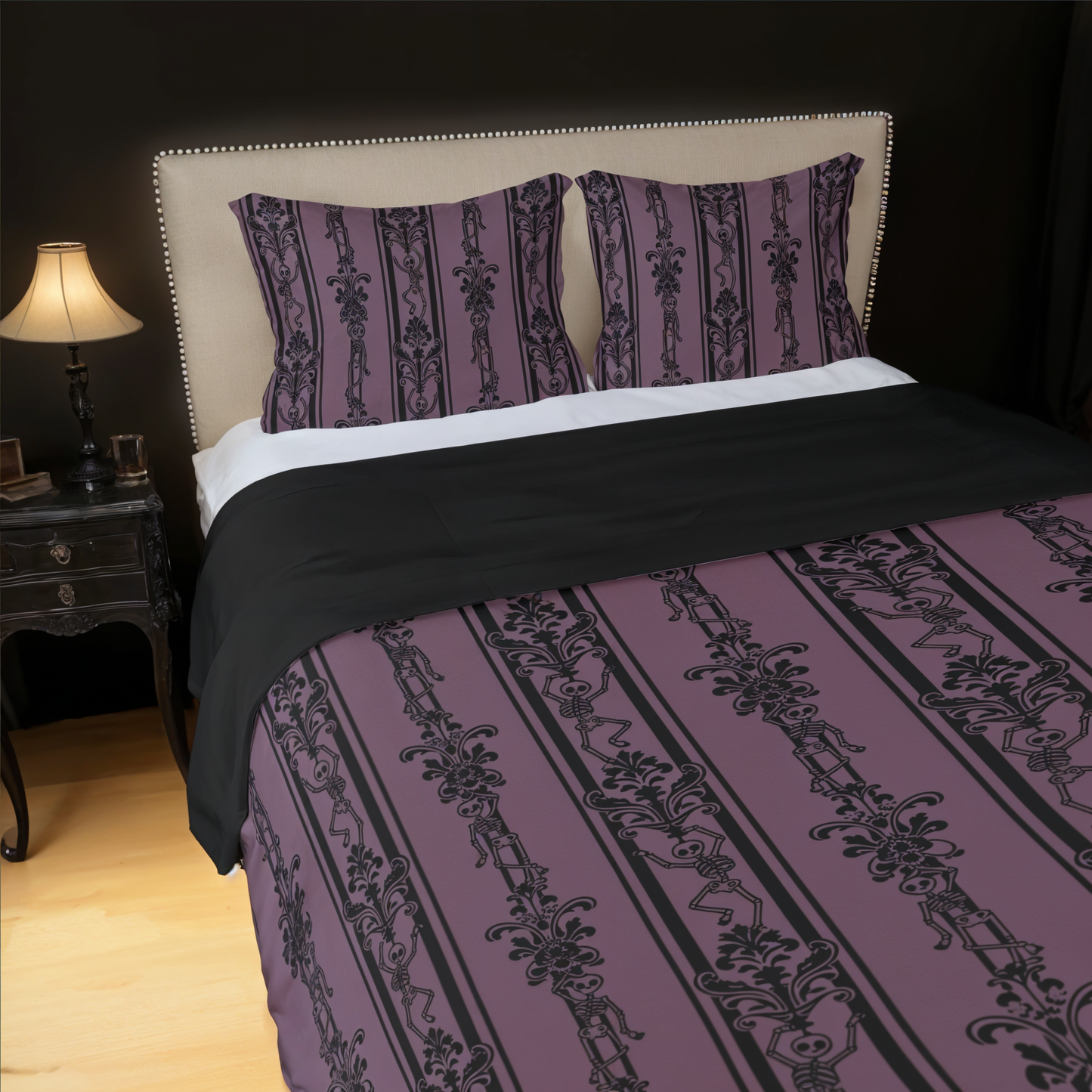 Dark Baroque Dancing Skeleton Pattern 3 Piece Bedding Set