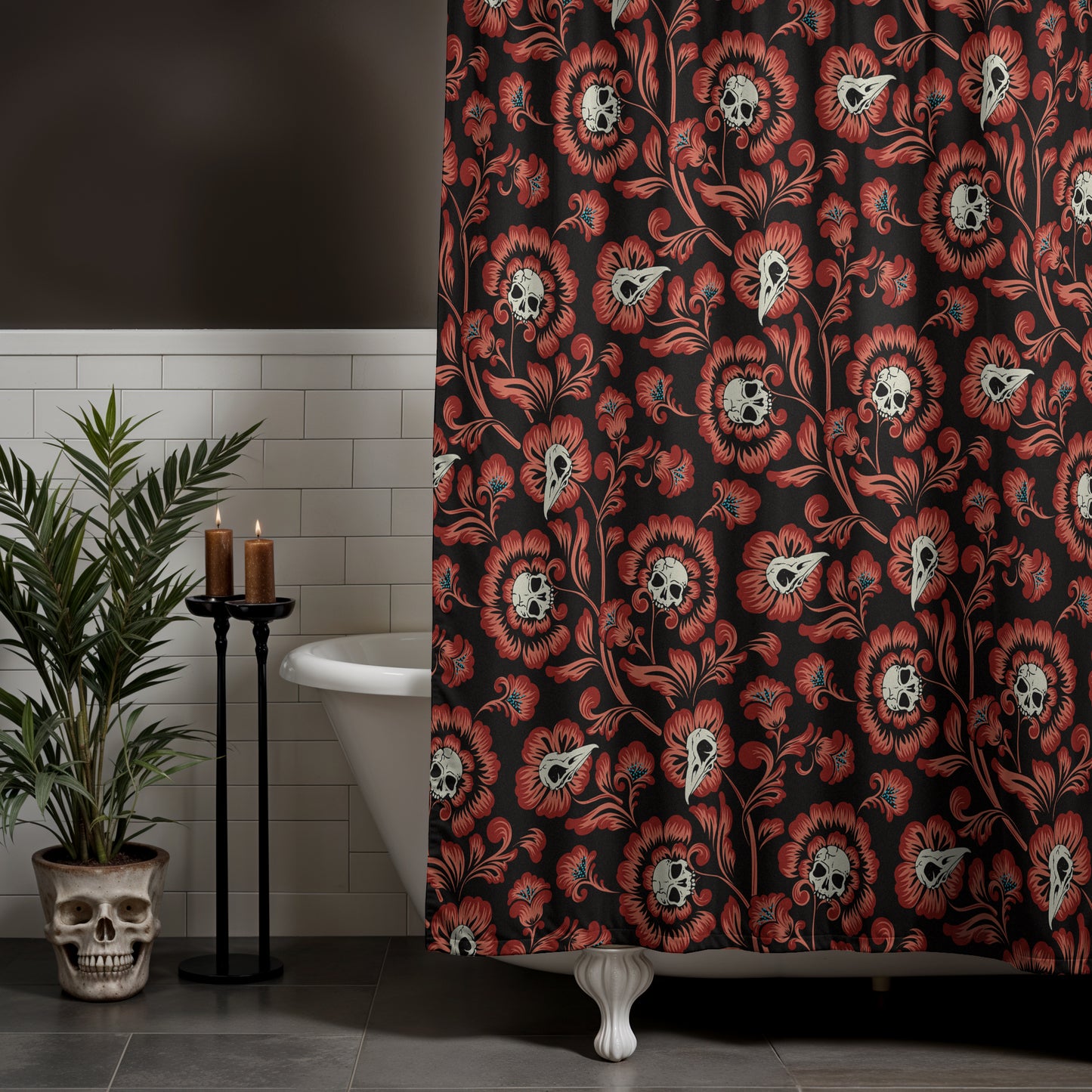 Gothic Victorian Floral Skull Shower Curtain - Red - Red Finch Creations