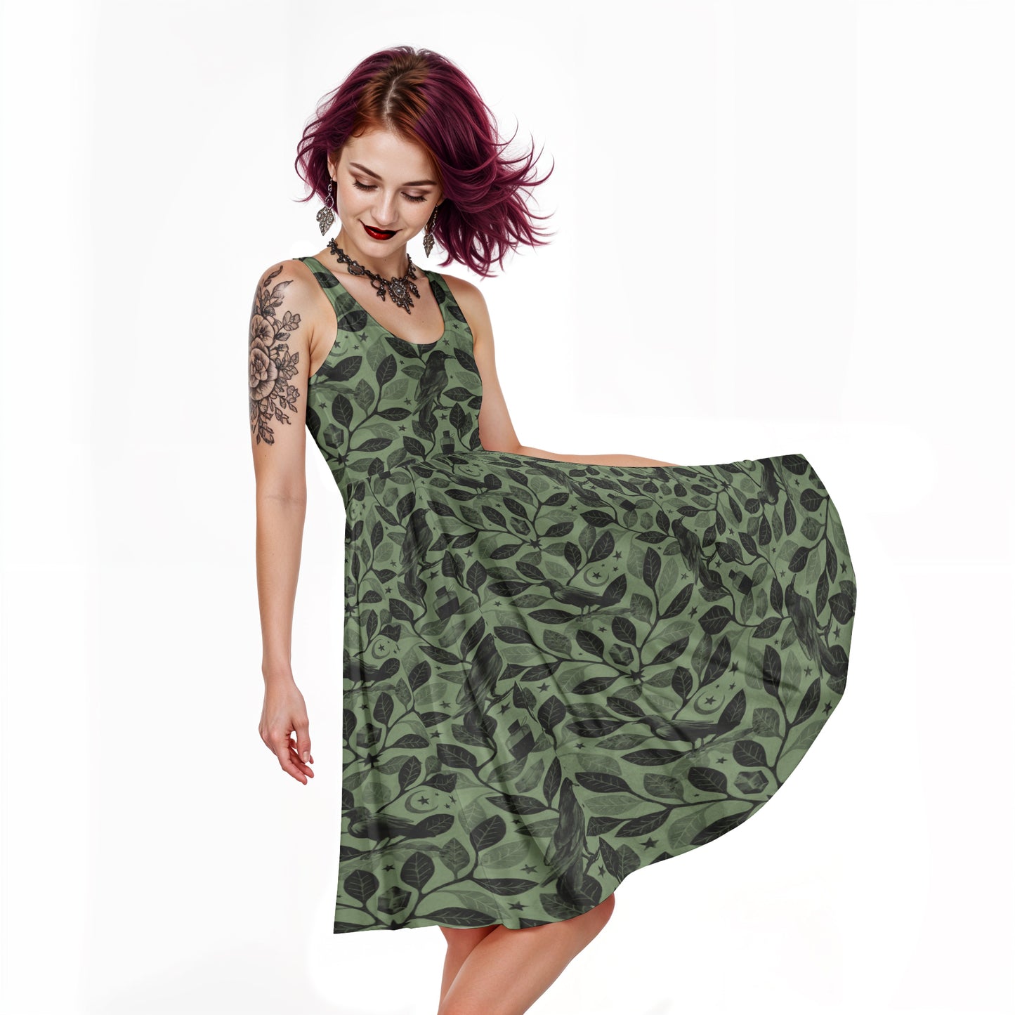 green botanical raven high waist skater dress with pockets and witchy vibes on a gothic woman