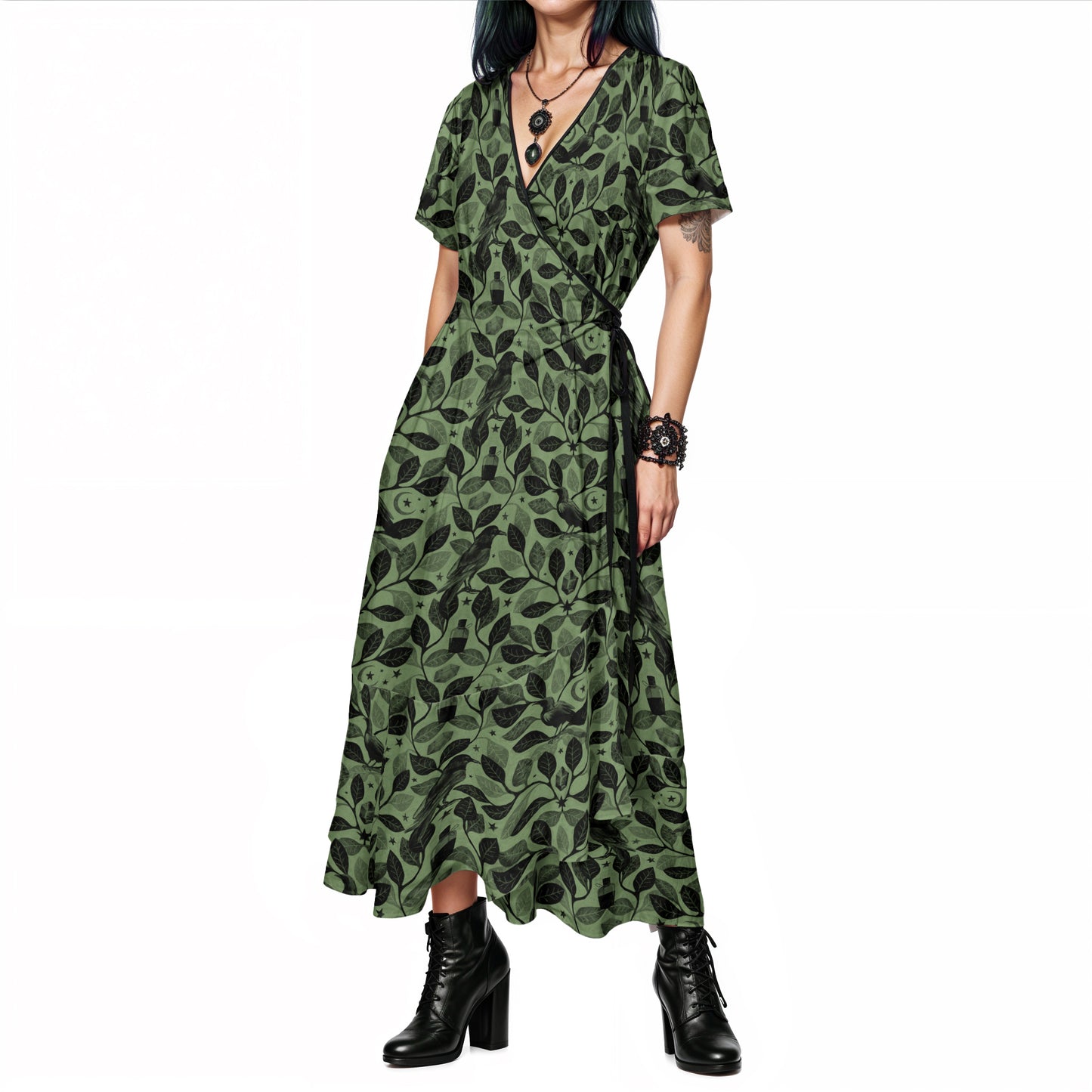 Botanical Raven Maxi-Wrap Dress - Green