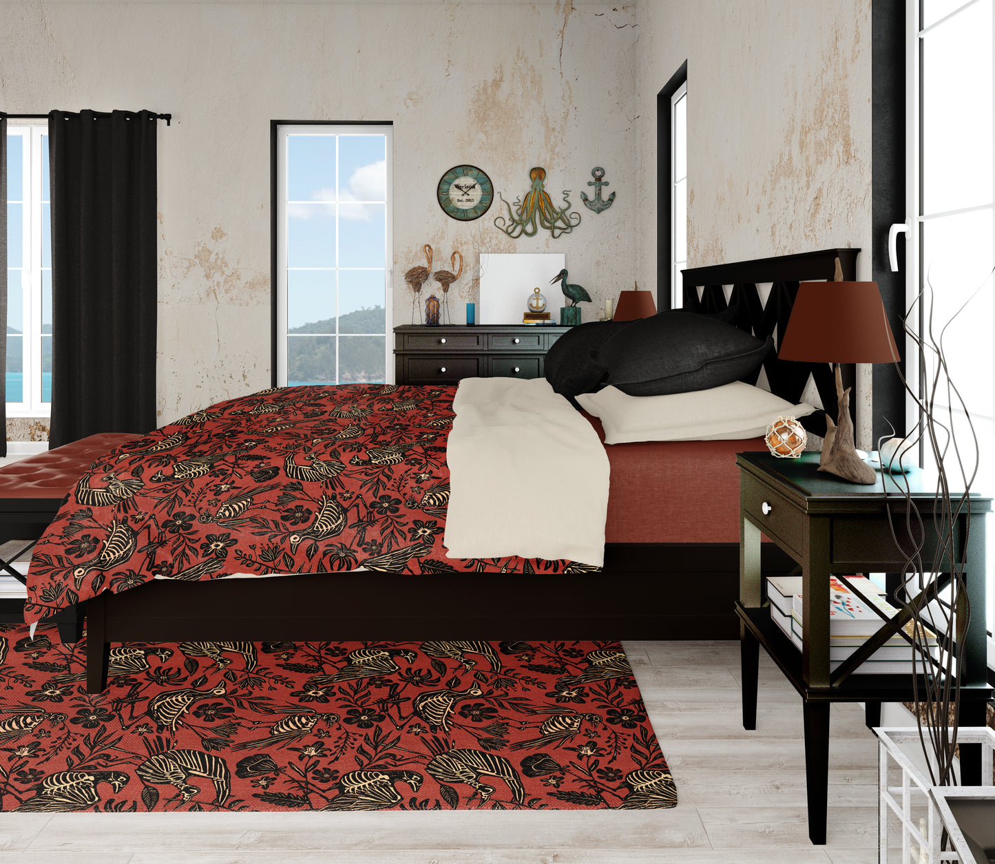 Fall Folk Art Bird Skeleton Duvet Cover - Rust Red - Red Finch Creations