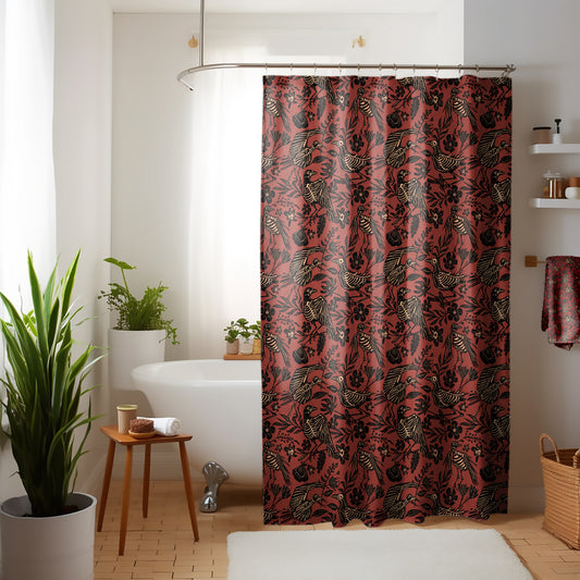 Fall Floral Bird Skeleton Shower Curtain - Rust Red