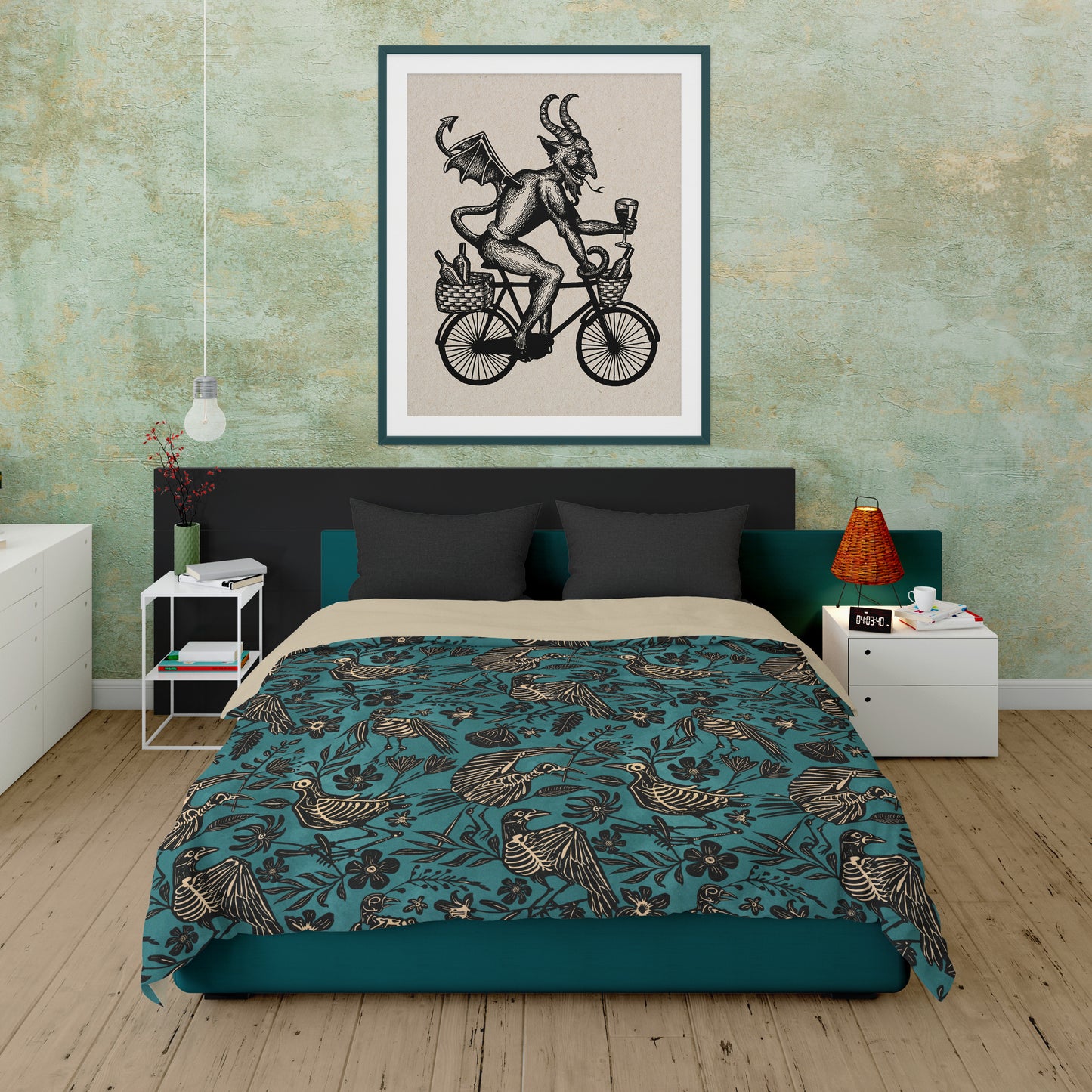 Spooky Folk Art Bird Skeleton Duvet Cover - Teal - Red Finch Creations
