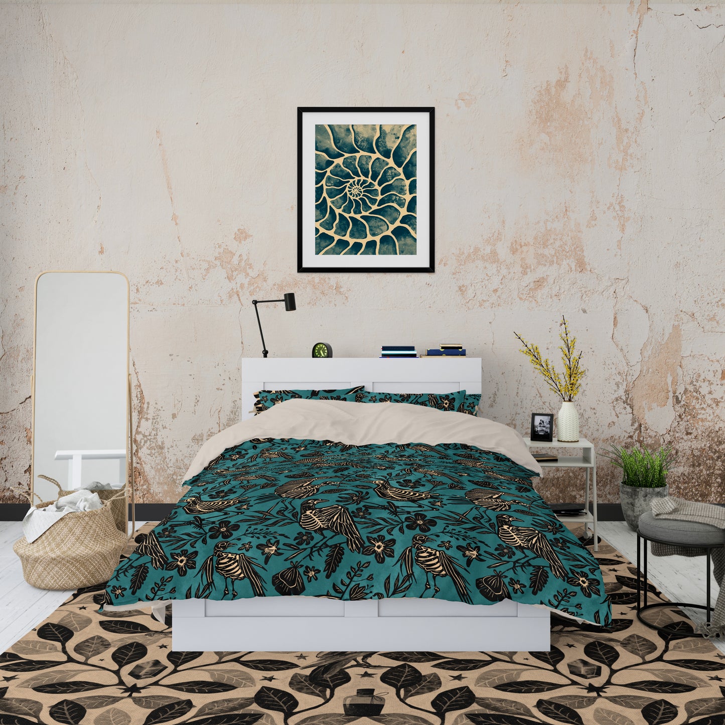 Spooky Folk Art Bird Skeleton Duvet Cover - Teal - Red Finch Creations