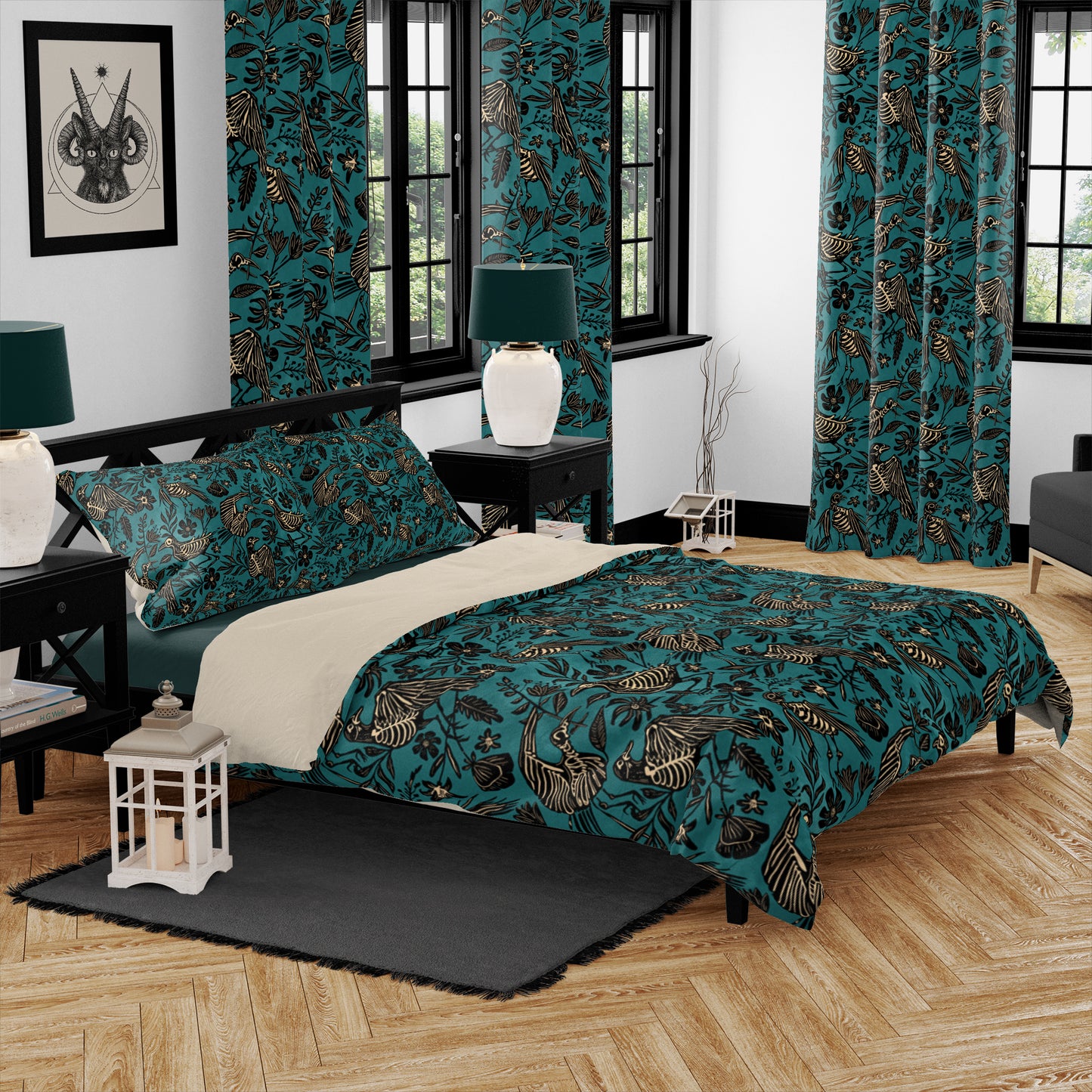 Spooky Folk Art Bird Skeleton Duvet Cover - Teal - Red Finch Creations
