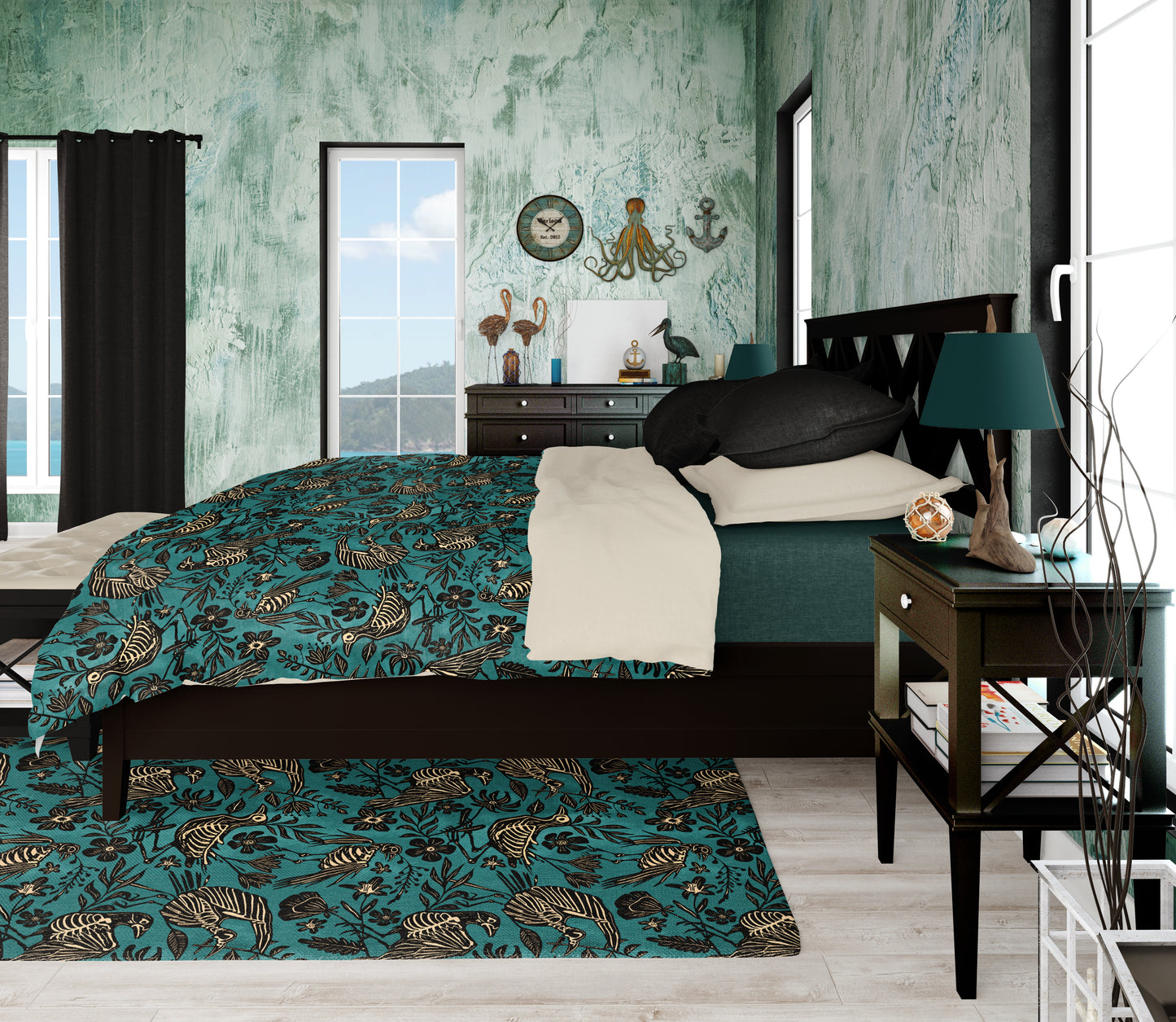 Spooky Folk Art Bird Skeleton Duvet Cover - Teal - Red Finch Creations