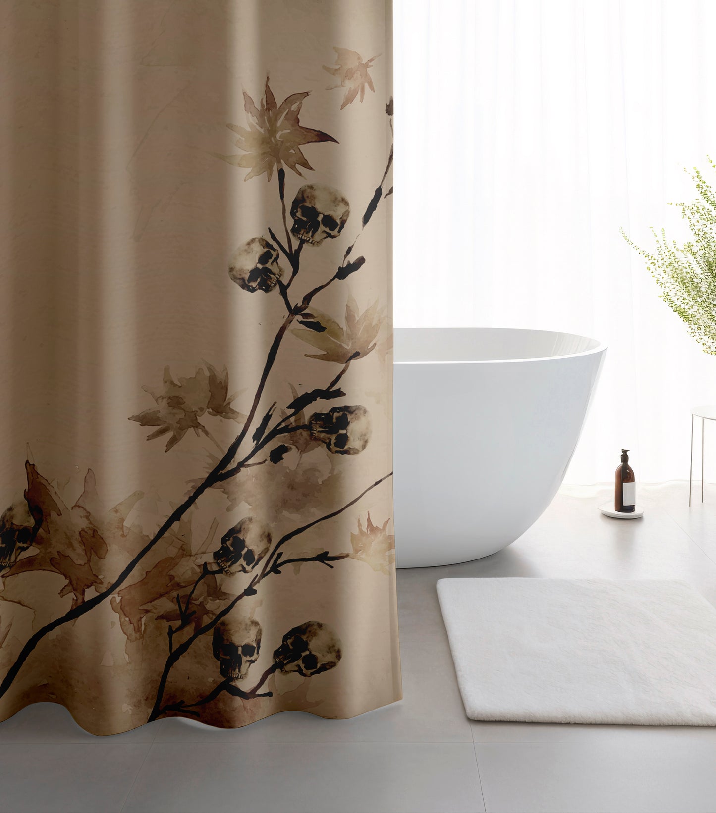 Minimal Autumn Skull Watercolor Shower Curtain - Beige - Red Finch Creations