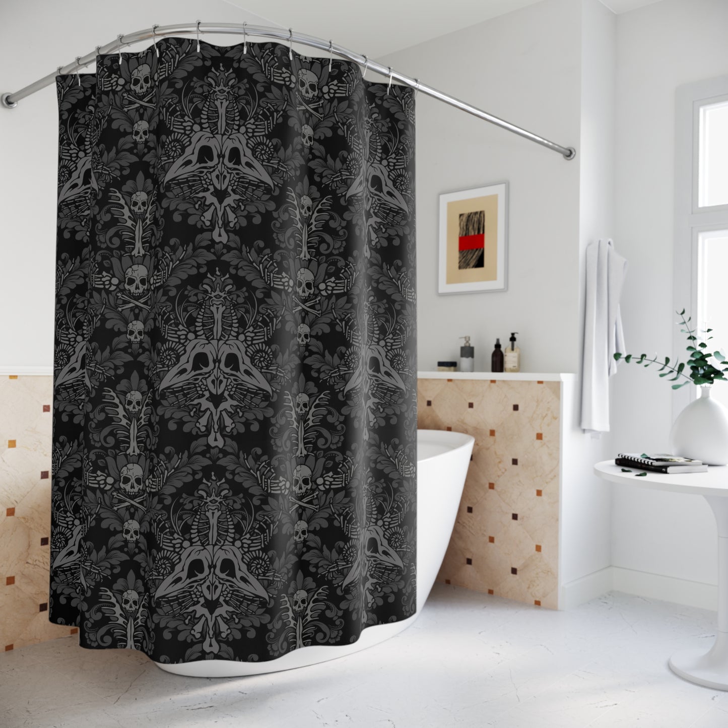 Dark Damask Bones Shower Curtain - Black - Red Finch Creations