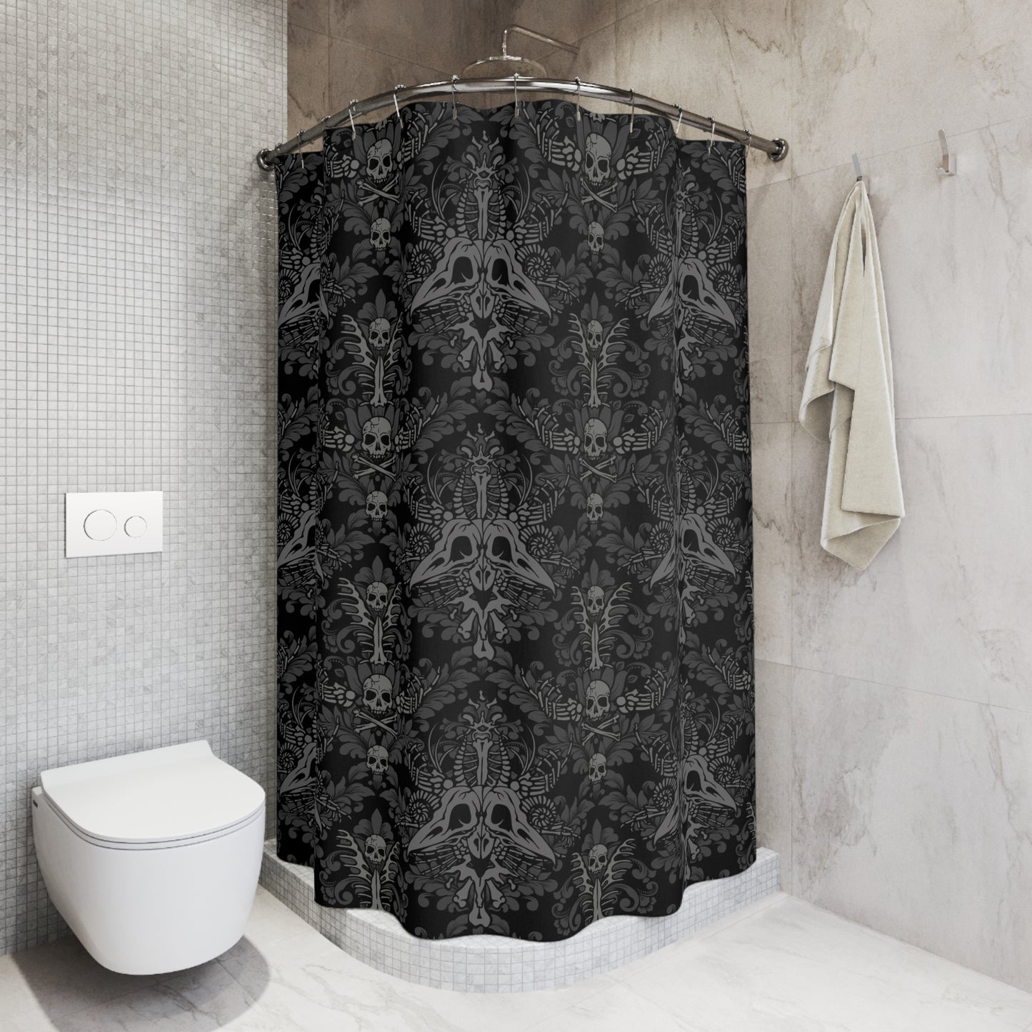Dark Damask Bones Shower Curtain - Black - Red Finch Creations