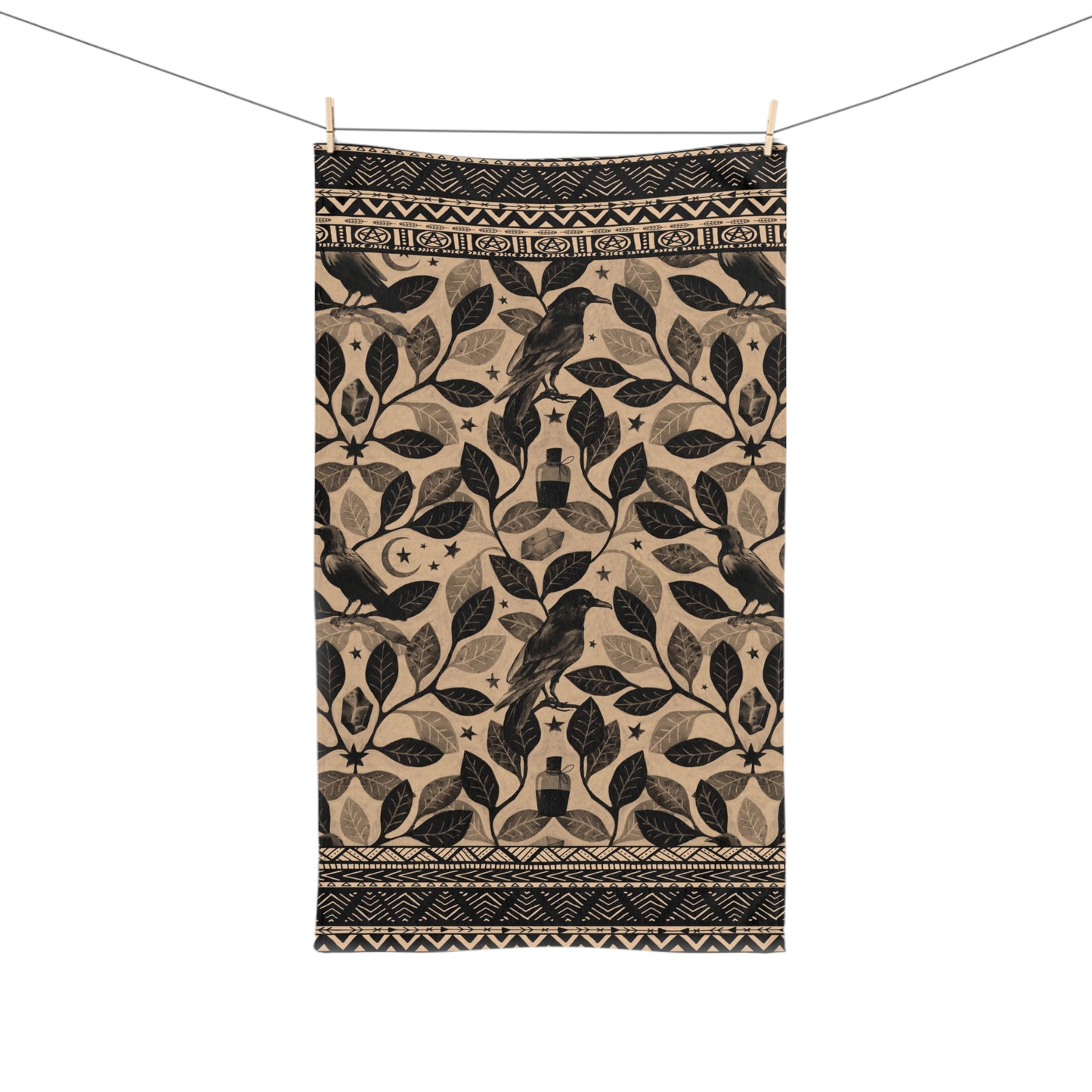 Watercolor Raven Witch Hand Towel 11x18" - Beige