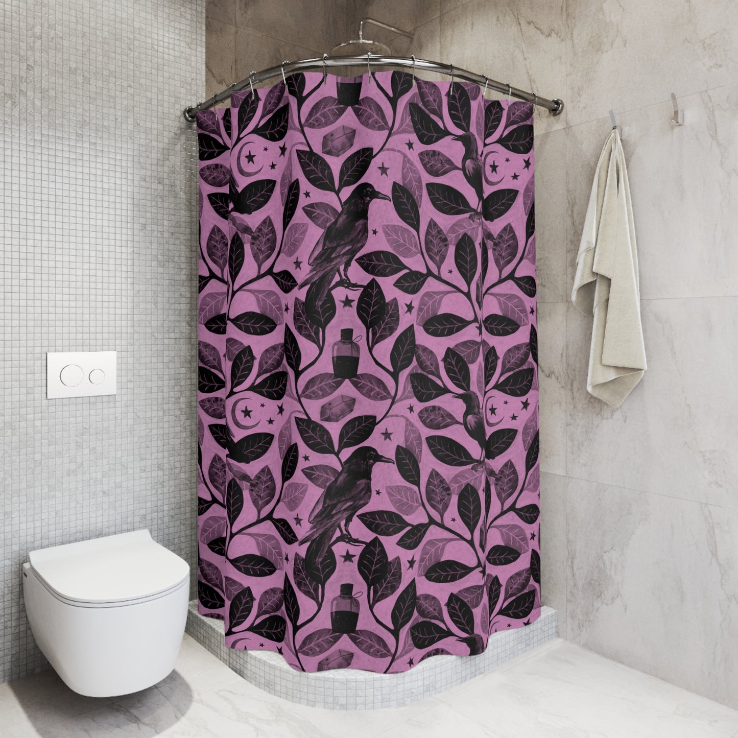 Witchy Watercolor Raven Shower Curtain - Pink - Red Finch Creations