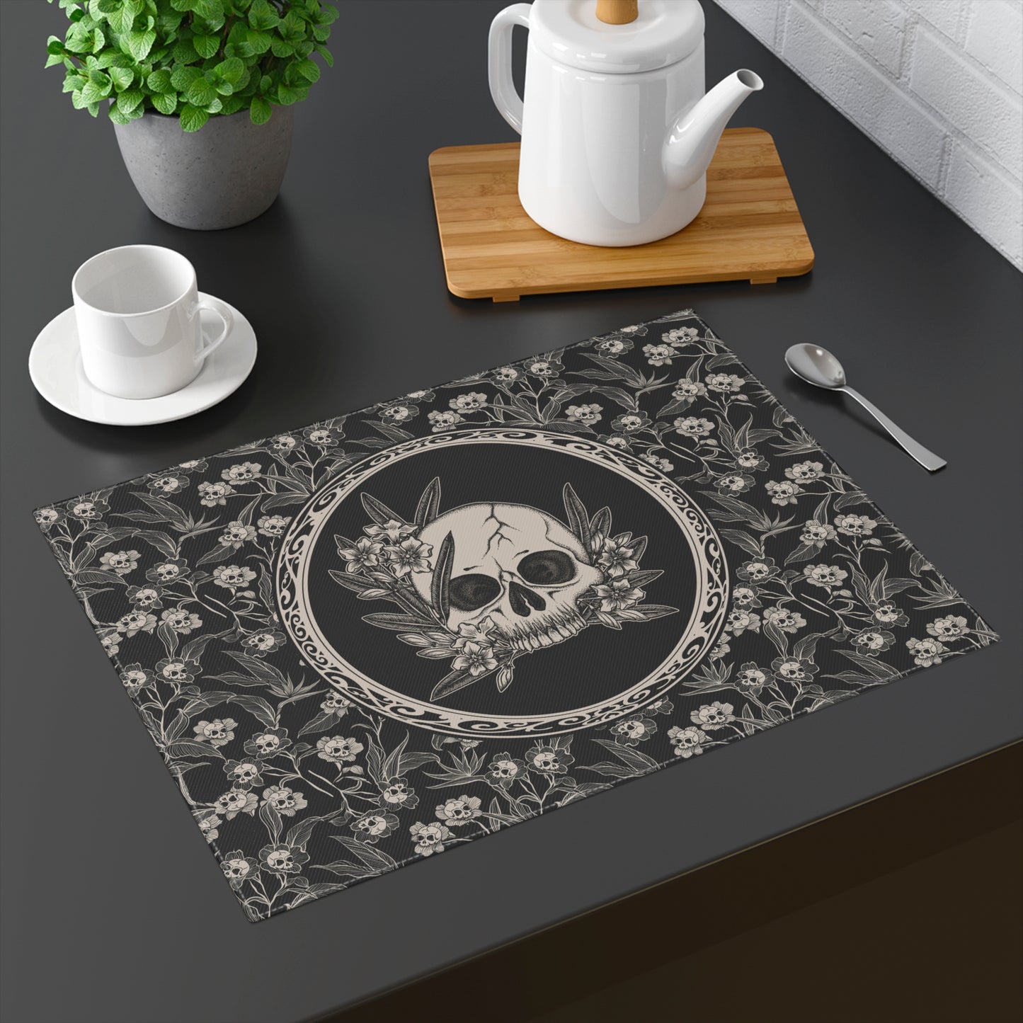 Gothic Floral Skull Placemat - Black - Red Finch Creations