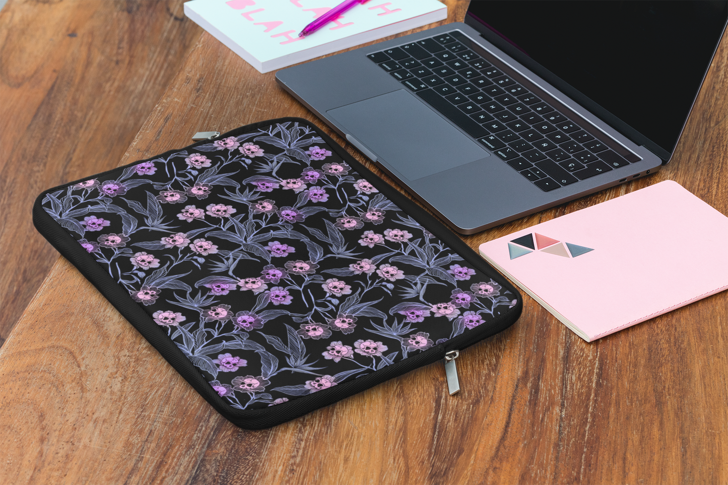 Pastel Goth Floral Neoprene Laptop Sleeve - Pink + Black - Red Finch Creations