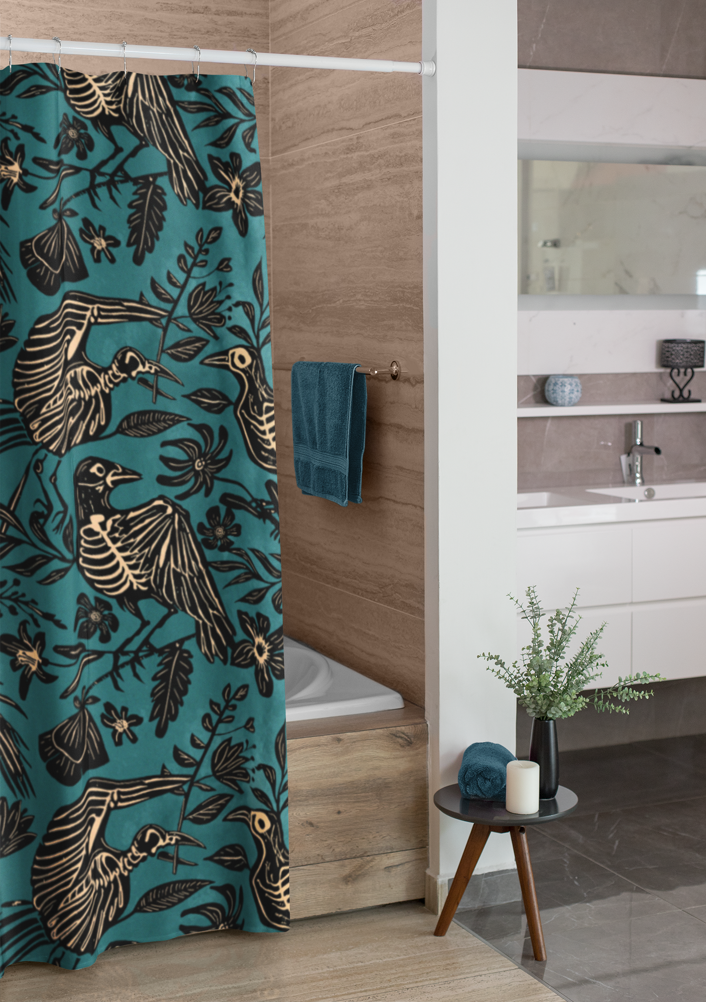 Teal Floral Bird Skeleton Shower Curtain - Red Finch Creations