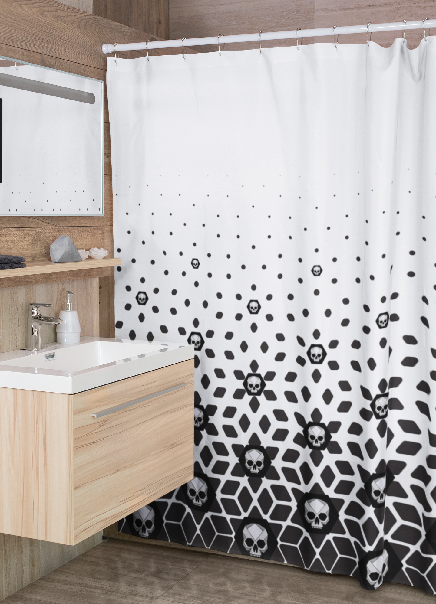 Ombre Geometric Skull Shower Curtain - Black + White - Red Finch Creations