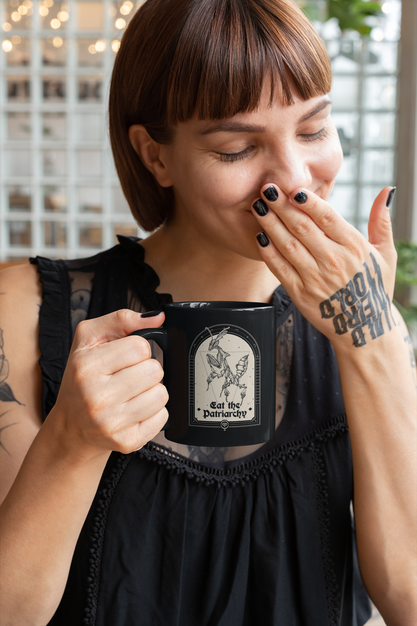 Eat the Patriarchy Praying Mantis Black Coffee Mug