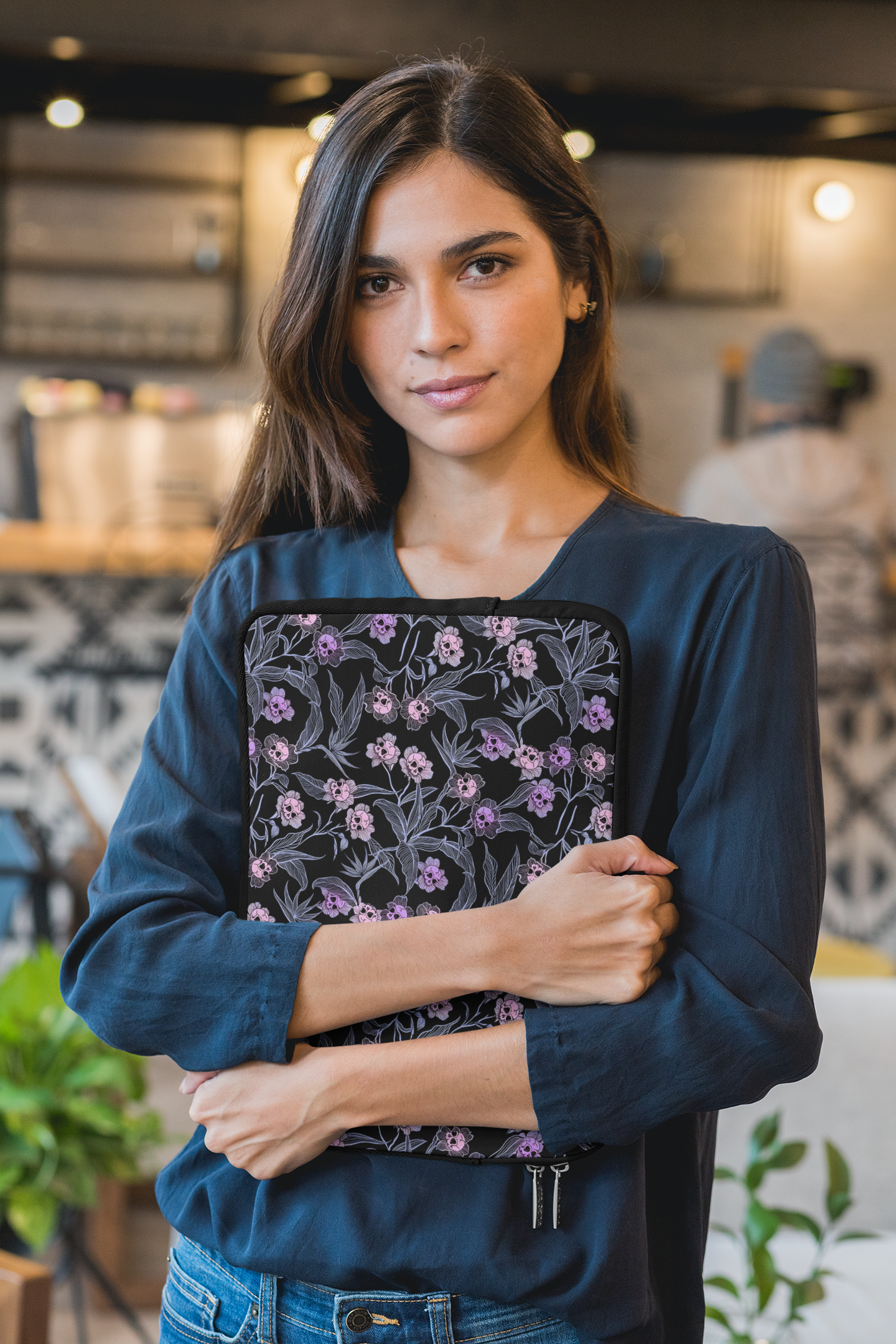 Pastel Goth Floral Neoprene Laptop Sleeve - Pink + Black - Red Finch Creations