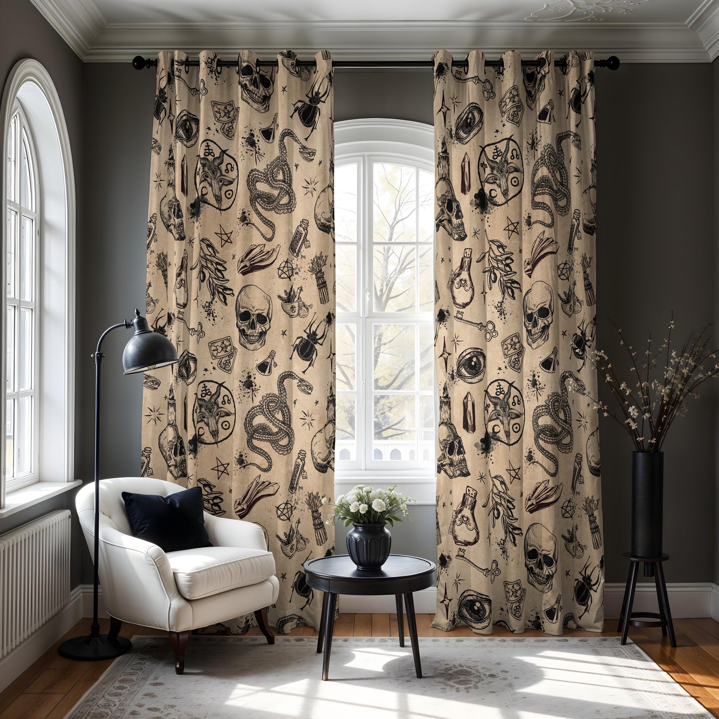 occult witchcraft window curtain in beige and black in a gothic living room