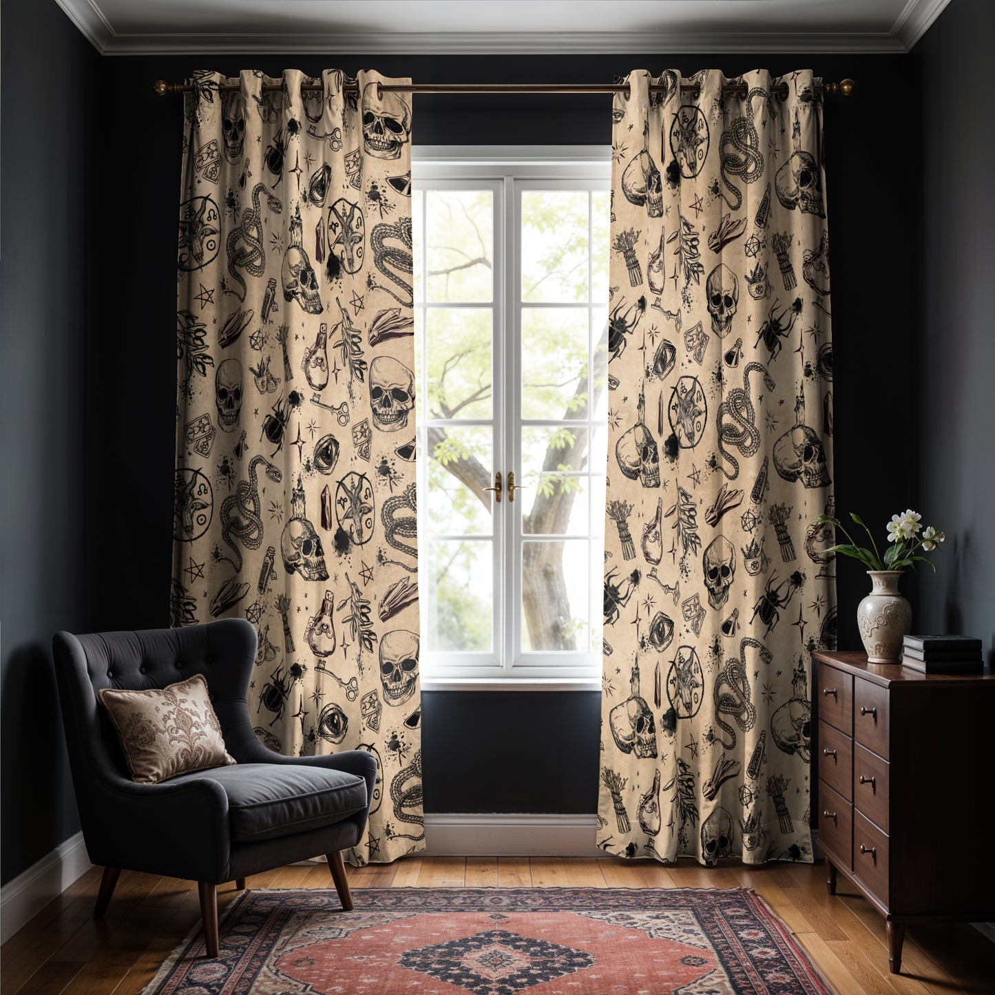 occult witchcraft window curtain in beige and black in a moody dark academia sitting room