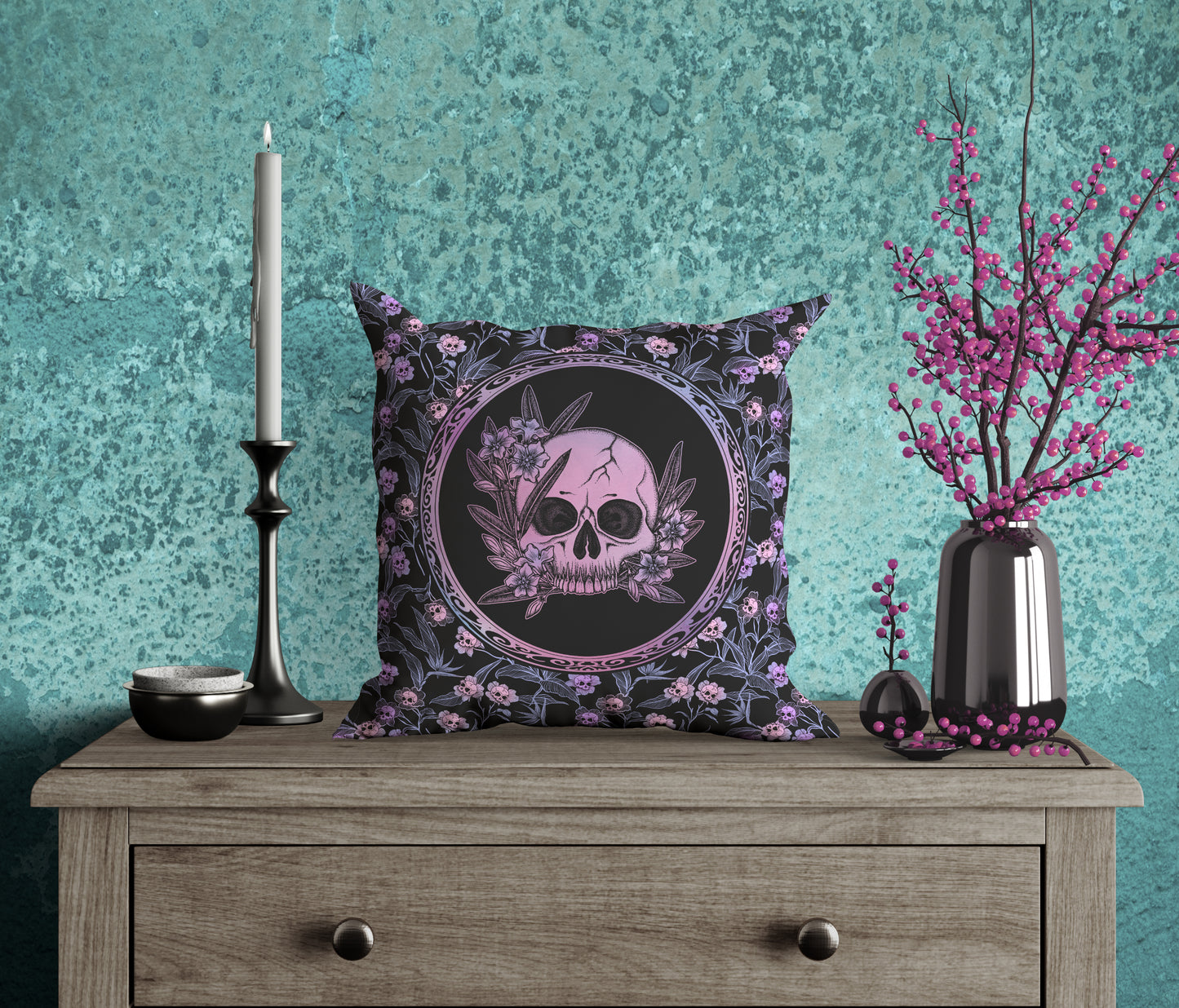 Pastel Goth Floral Skull Throw Pillow Case - Black & Pink - Red Finch Creations