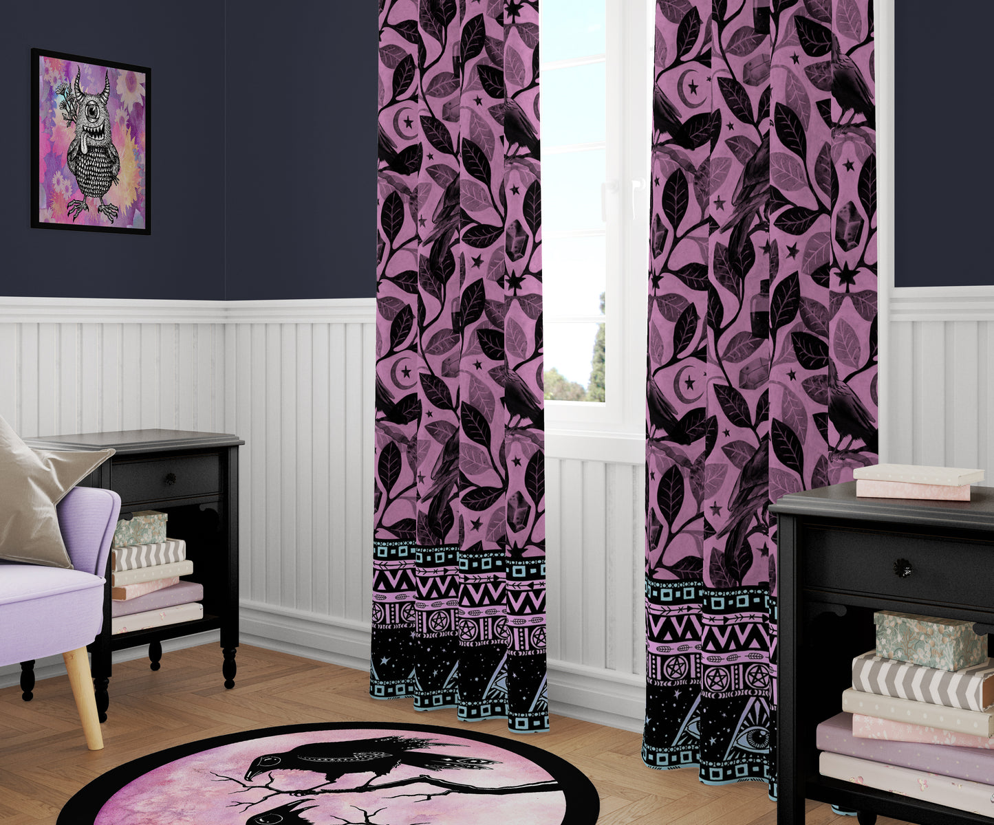 Witchy Raven Window Curtain (1 Piece) - Pink - Red Finch Creations